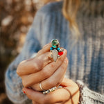 Moonstone & Green Fluorite + Lone Mtn Turquoise Ring (Size 8.5) - Golden Road Crafted