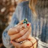Moonstone & Green Fluorite + Lone Mtn Turquoise Ring (Size 8.5) - Golden Road Crafted