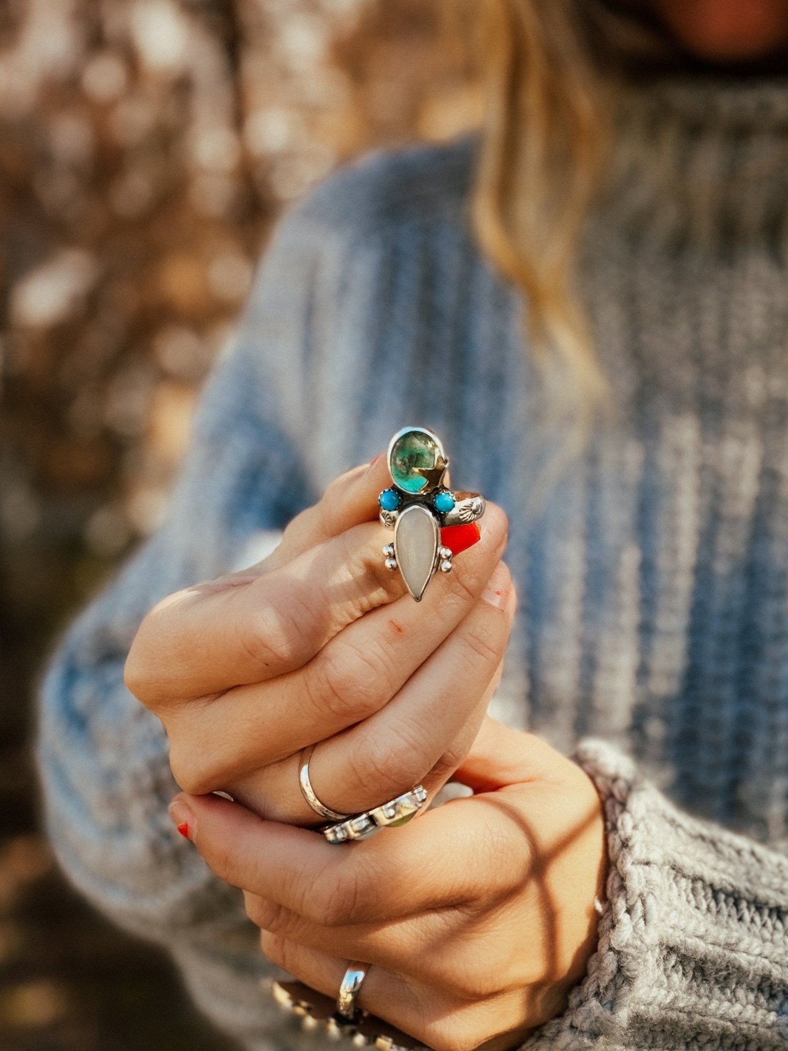 Moonstone & Green Fluorite + Lone Mtn Turquoise Ring (Size 8.5) - Golden Road Crafted