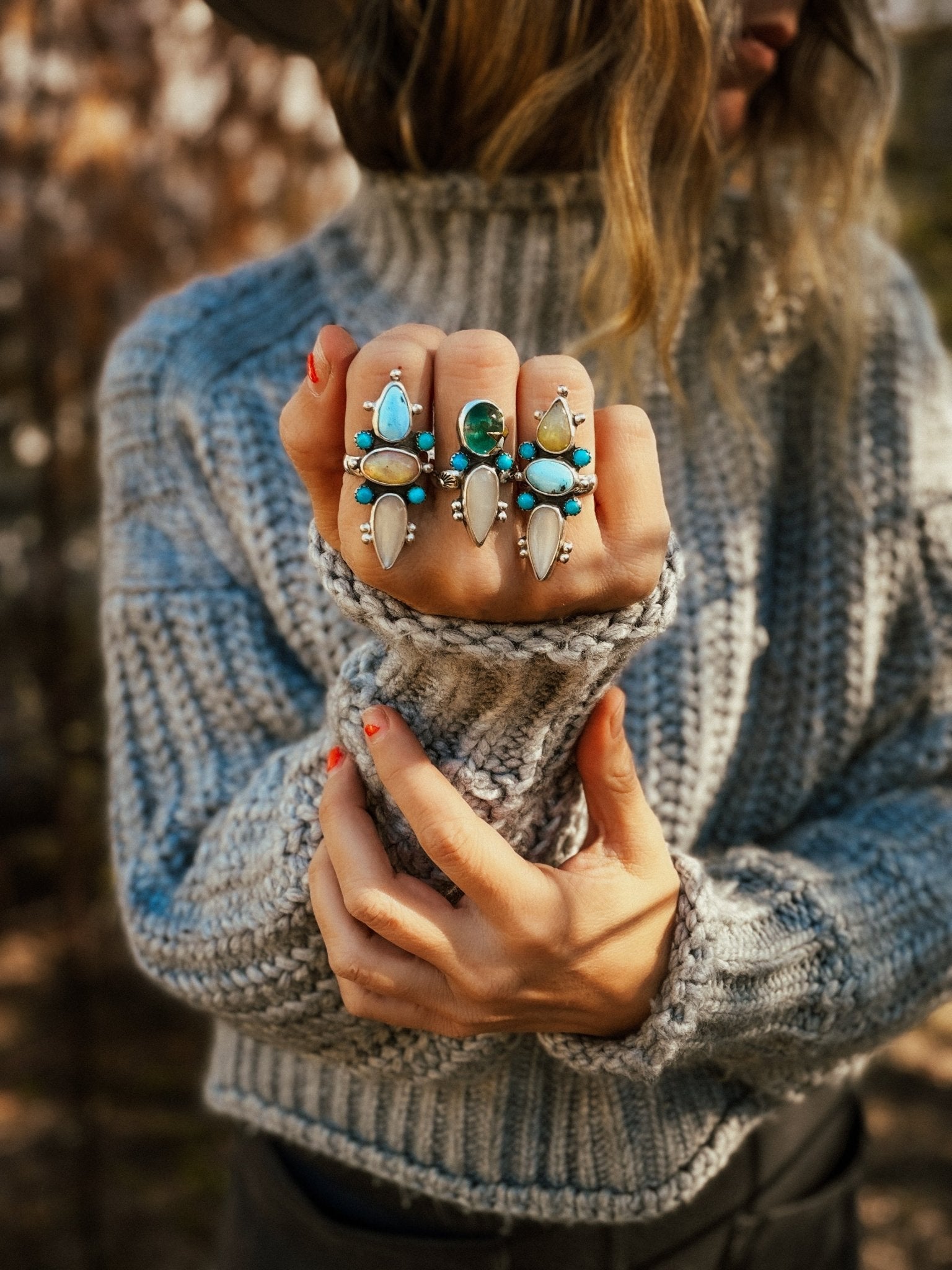 Moonstone & Green Fluorite + Lone Mtn Turquoise Ring (Size 8.5) - Golden Road Crafted