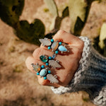 Moonstone & Green Fluorite + Lone Mtn Turquoise Ring (Size 8.5) - Golden Road Crafted