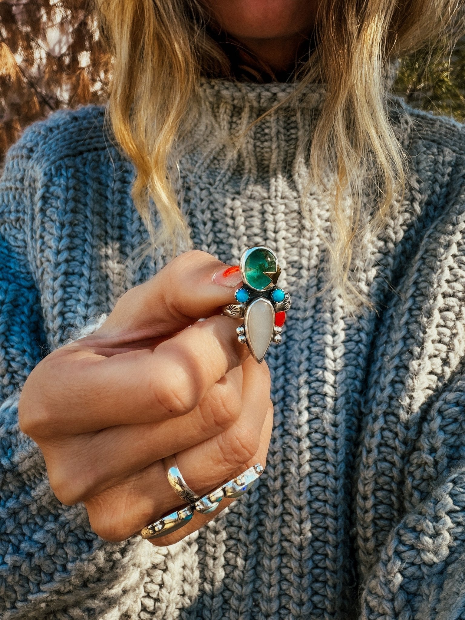 Moonstone & Green Fluorite + Lone Mtn Turquoise Ring (Size 8.5) - Golden Road Crafted