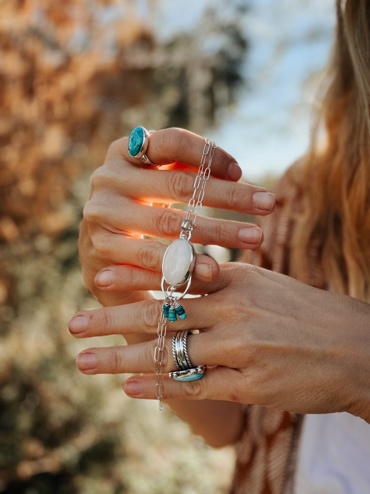 Morganite + Turquoise Pendant on Paperclip Chain - Golden Road Crafted