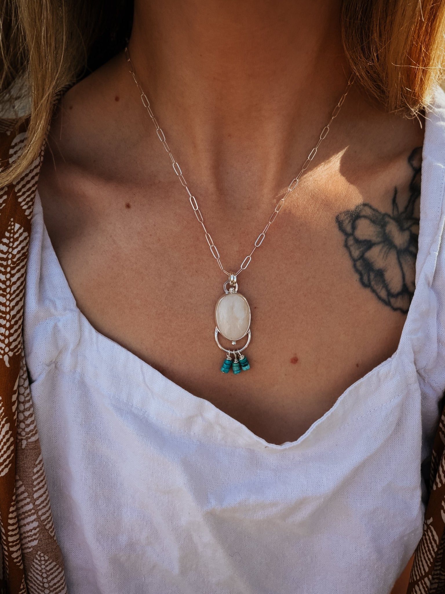 Morganite + Turquoise Pendant on Paperclip Chain - Golden Road Crafted