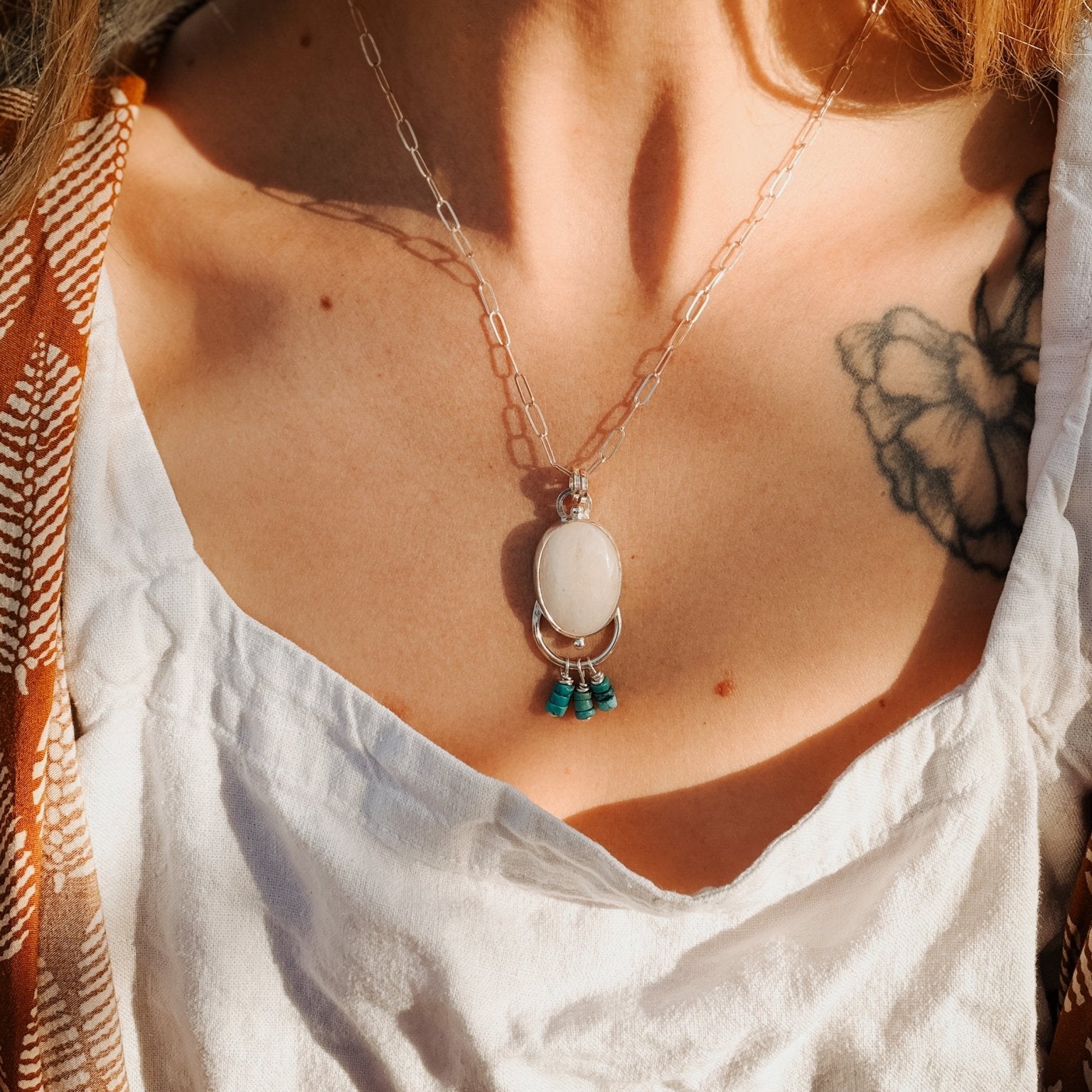 Morganite + Turquoise Pendant on Paperclip Chain - Golden Road Crafted