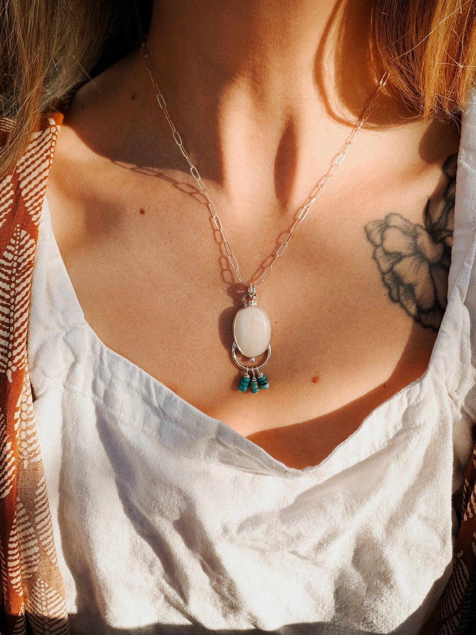 Morganite + Turquoise Pendant on Paperclip Chain - Golden Road Crafted