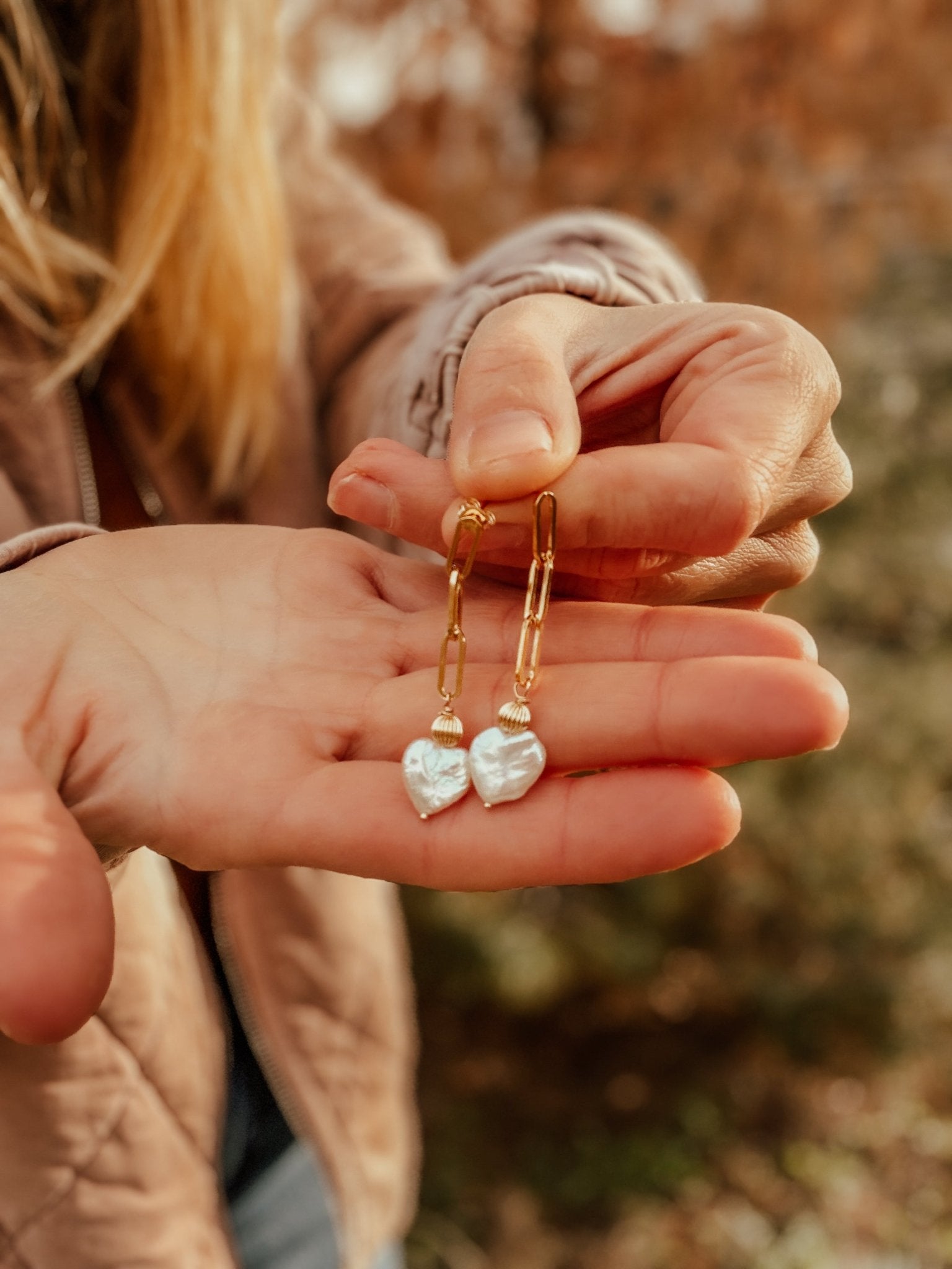 Mother of Pearl Heart Earrings in 14k Gold - Fill - Golden Road Crafted