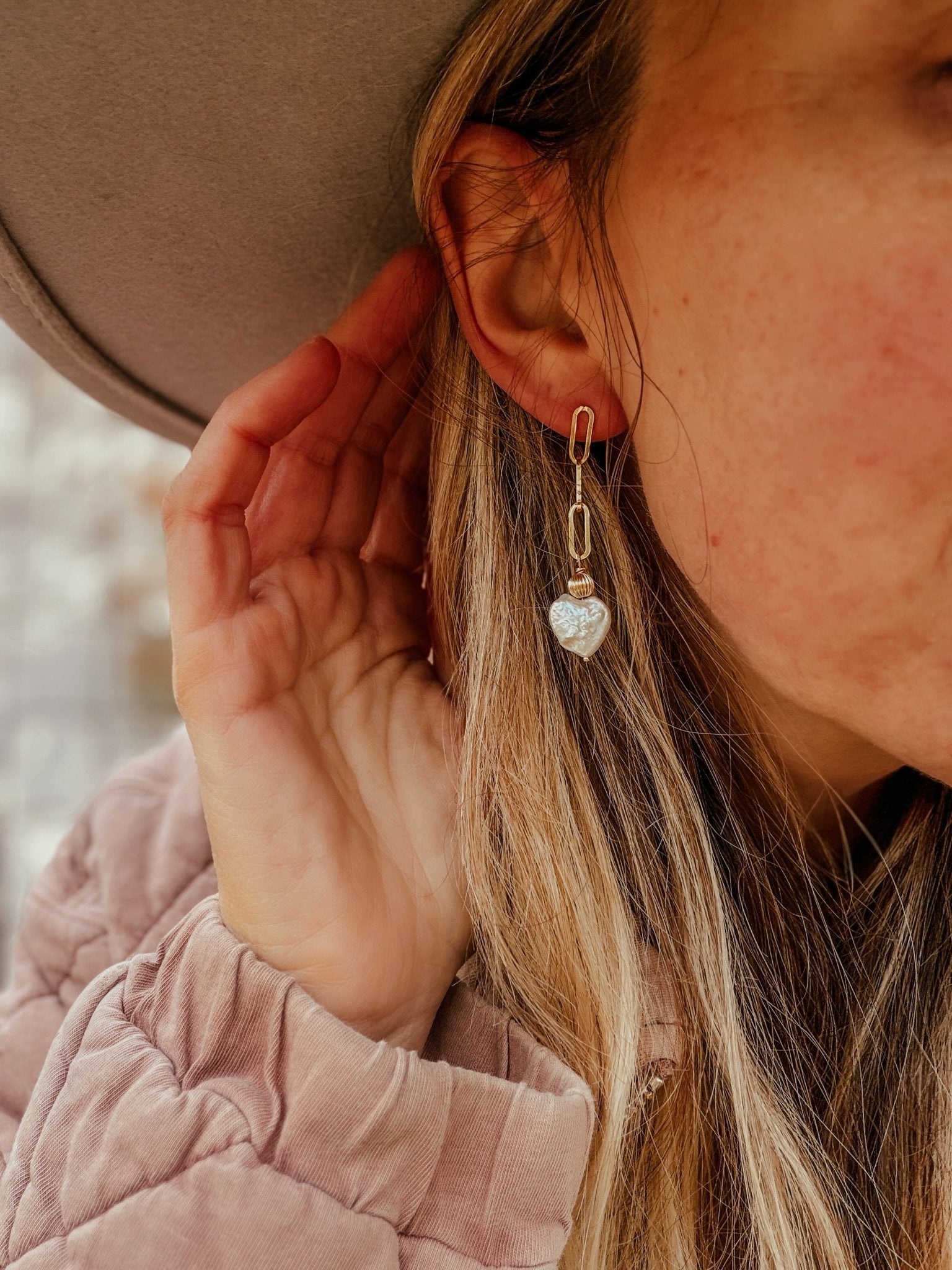 Mother of Pearl Heart Earrings in 14k Gold - Fill - Golden Road Crafted