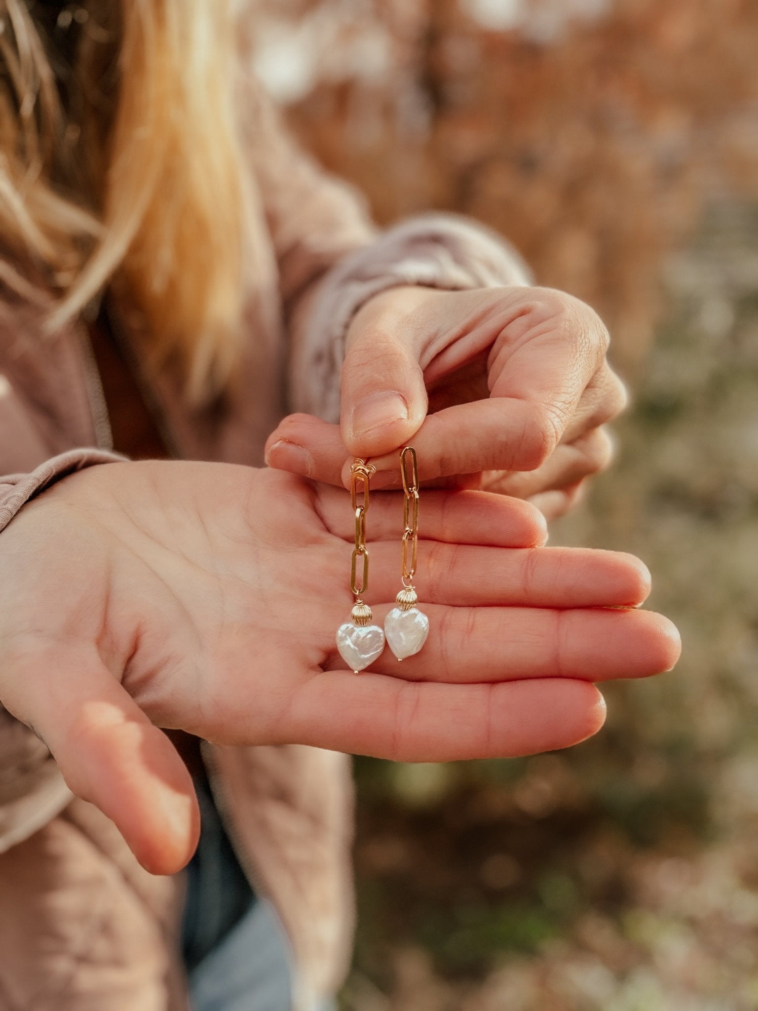 Mother of Pearl Heart Earrings in 14k Gold - Fill - Golden Road Crafted