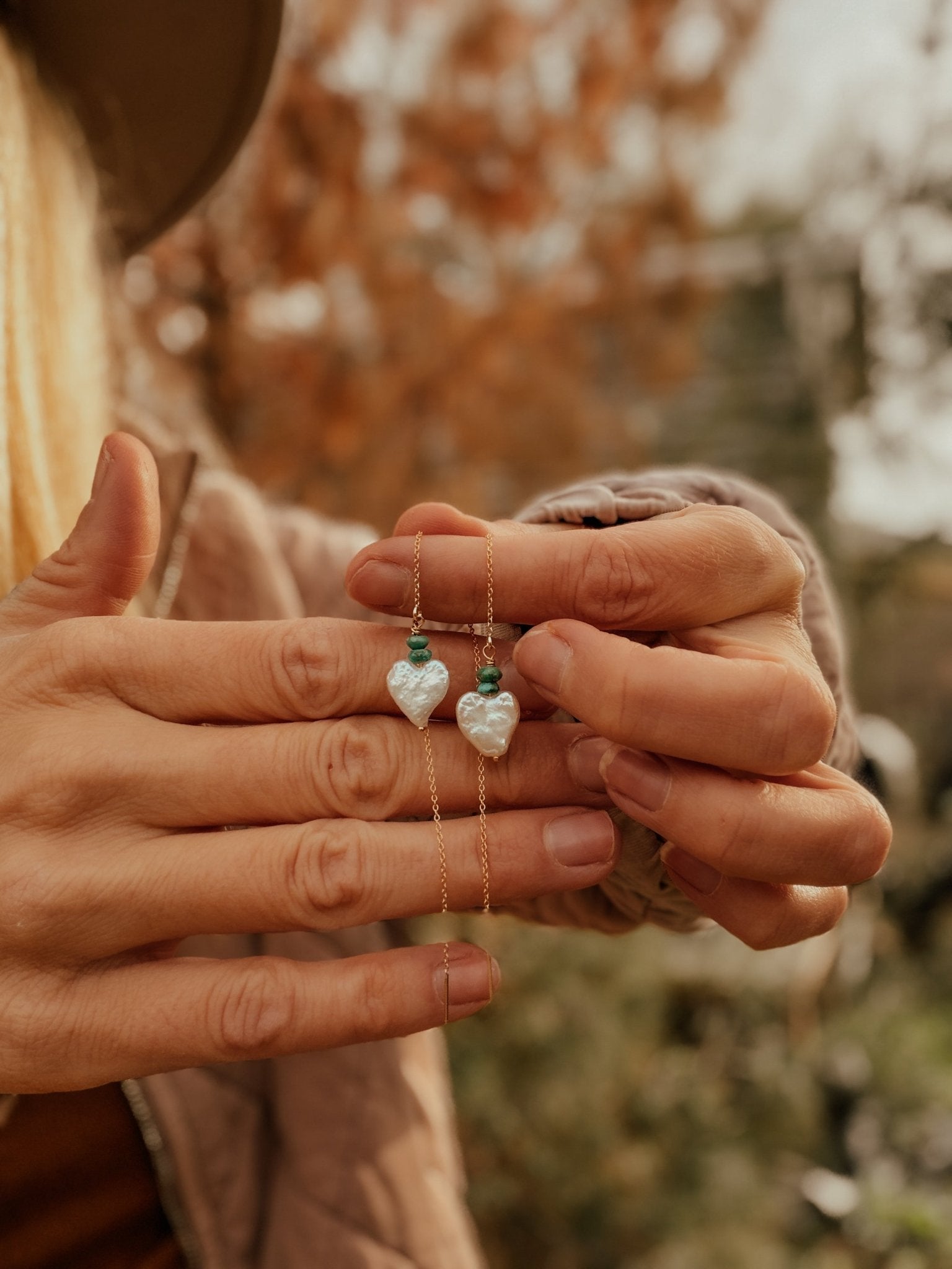 Mother of Pearl Heart & Turquoise Ear Threaders in 14k Gold - Fill - Golden Road Crafted