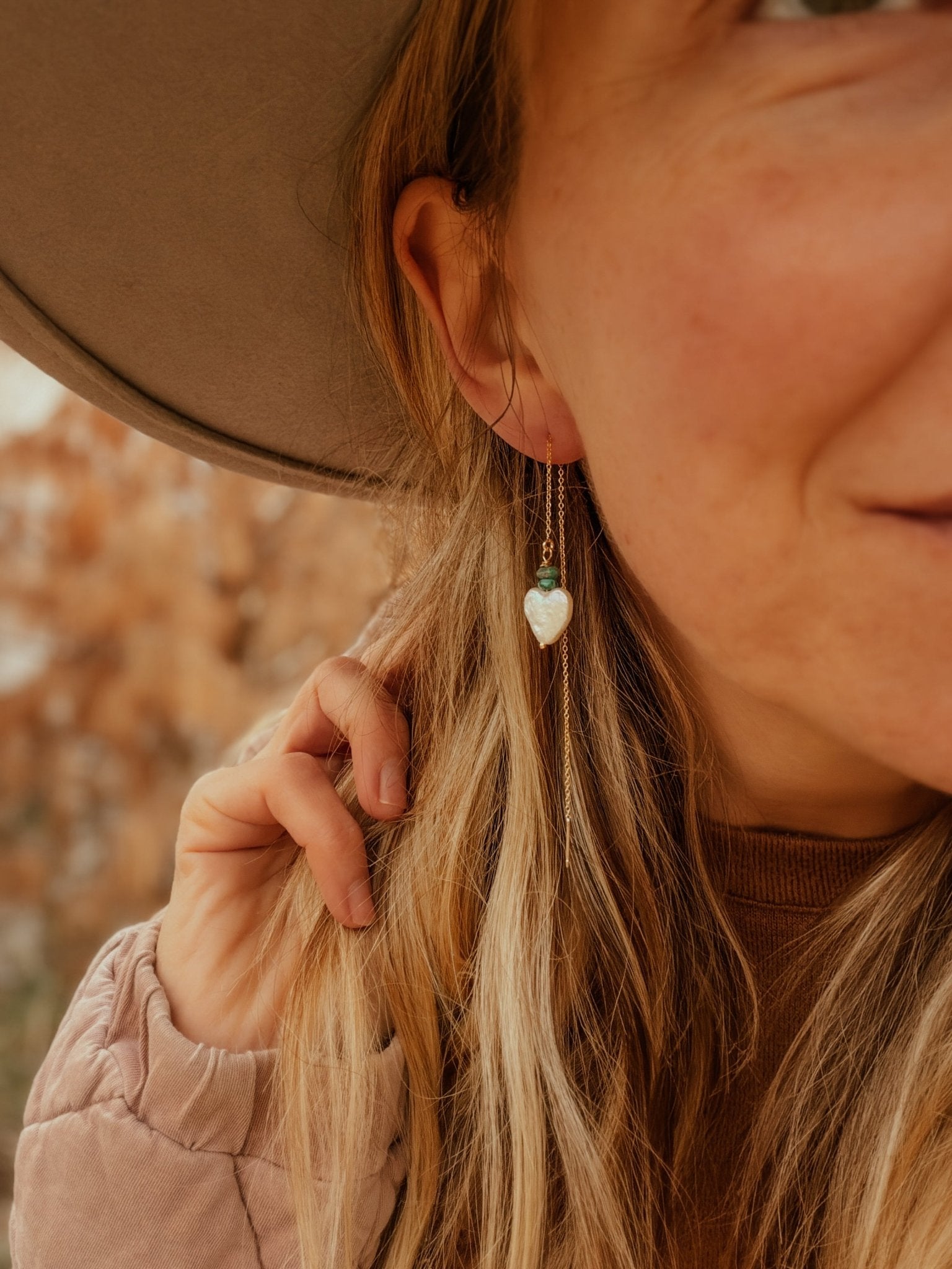 Mother of Pearl Heart & Turquoise Ear Threaders in 14k Gold - Fill - Golden Road Crafted