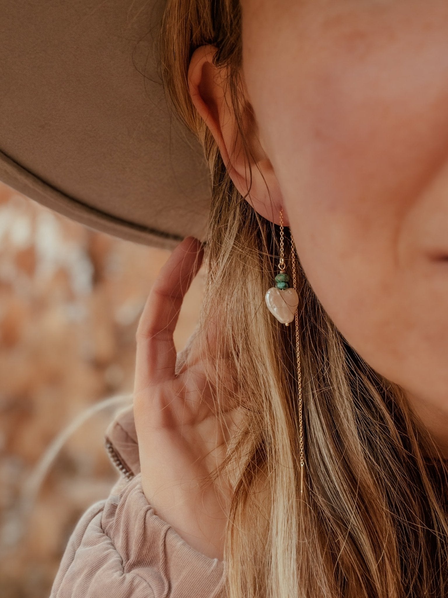 Mother of Pearl Heart & Turquoise Ear Threaders in 14k Gold - Fill - Golden Road Crafted