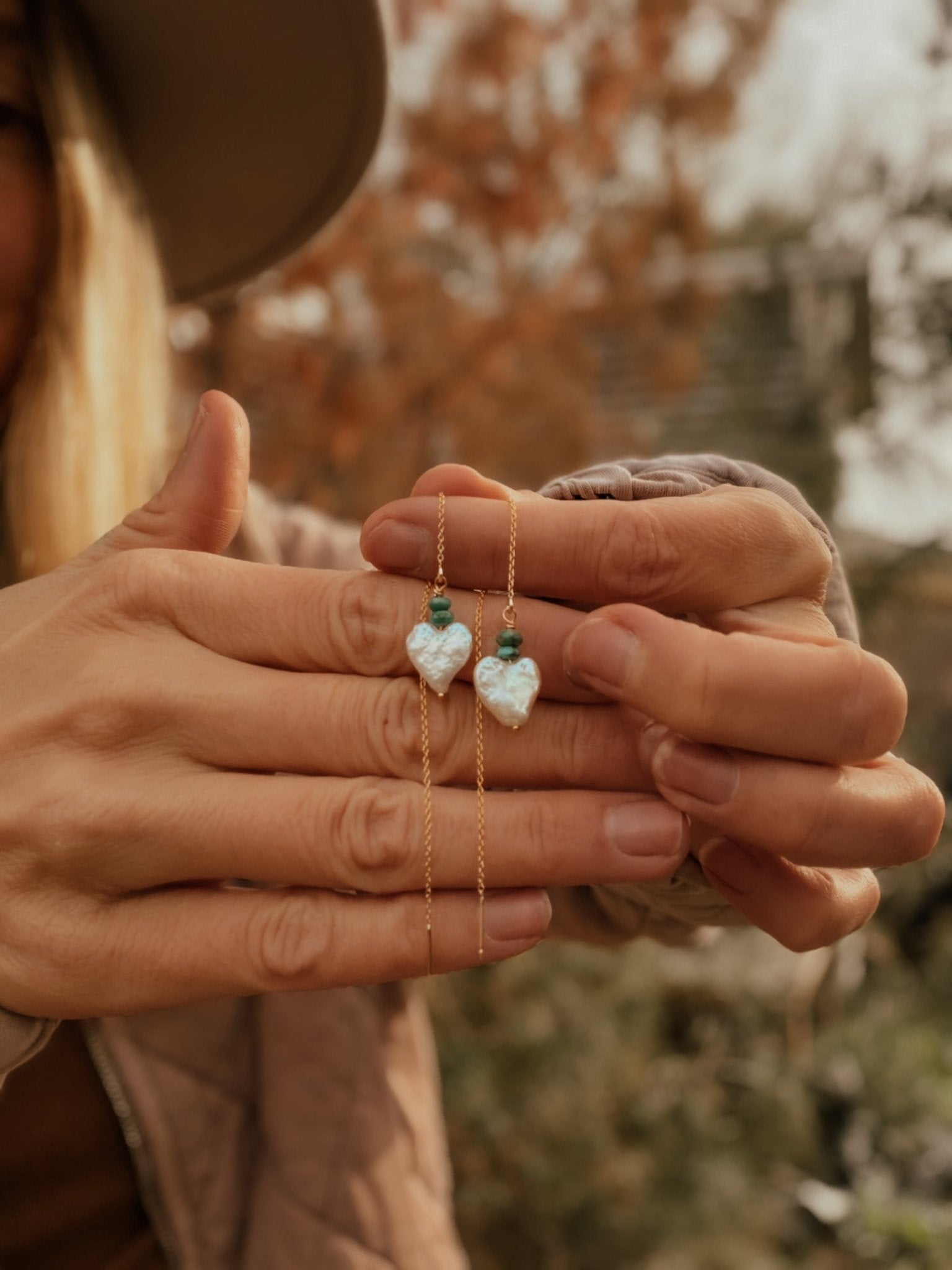 Mother of Pearl Heart & Turquoise Ear Threaders in 14k Gold - Fill - Golden Road Crafted