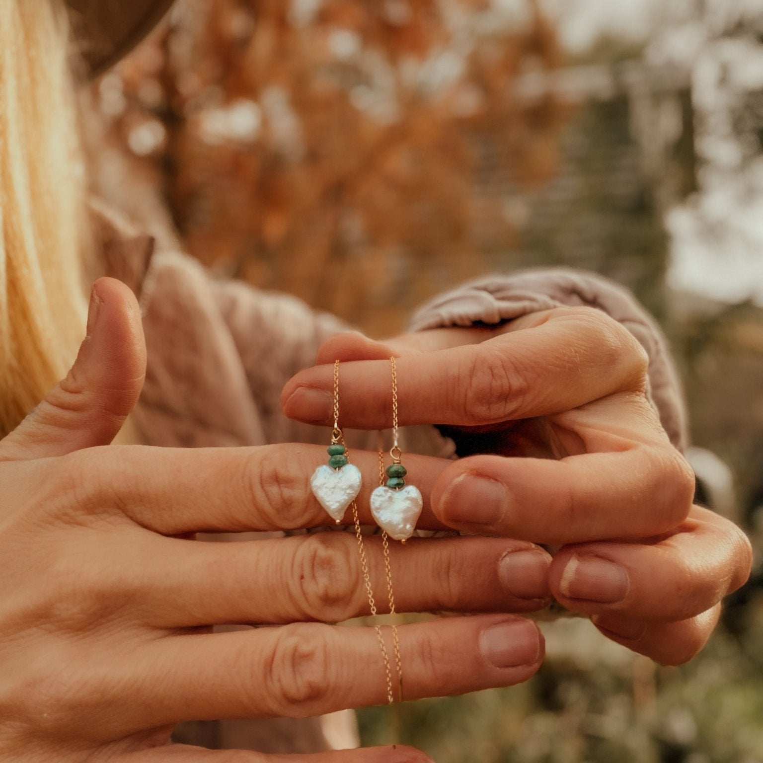 Mother of Pearl Heart & Turquoise Ear Threaders in 14k Gold - Fill - Golden Road Crafted