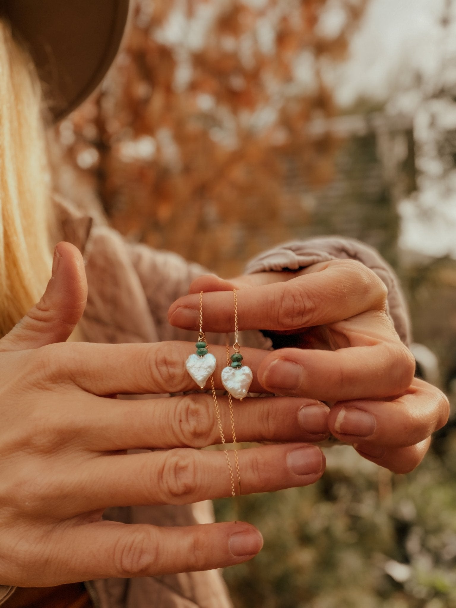 Mother of Pearl Heart & Turquoise Ear Threaders in 14k Gold - Fill - Golden Road Crafted
