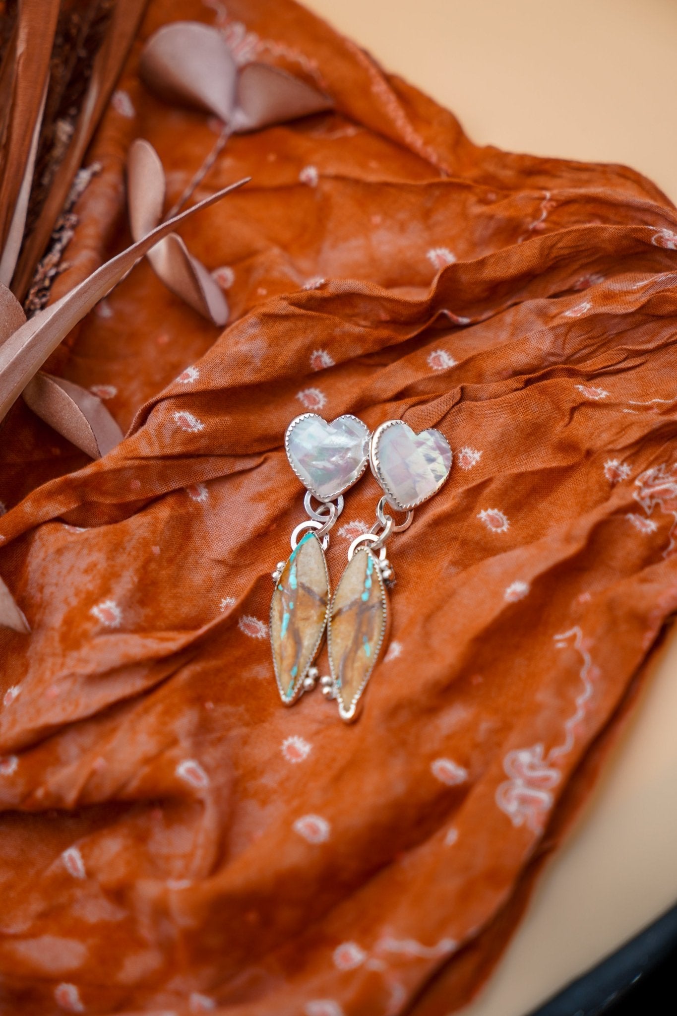 Mother of Pearl Hearts with Royston Ribbon Turquoise - Golden Road Crafted