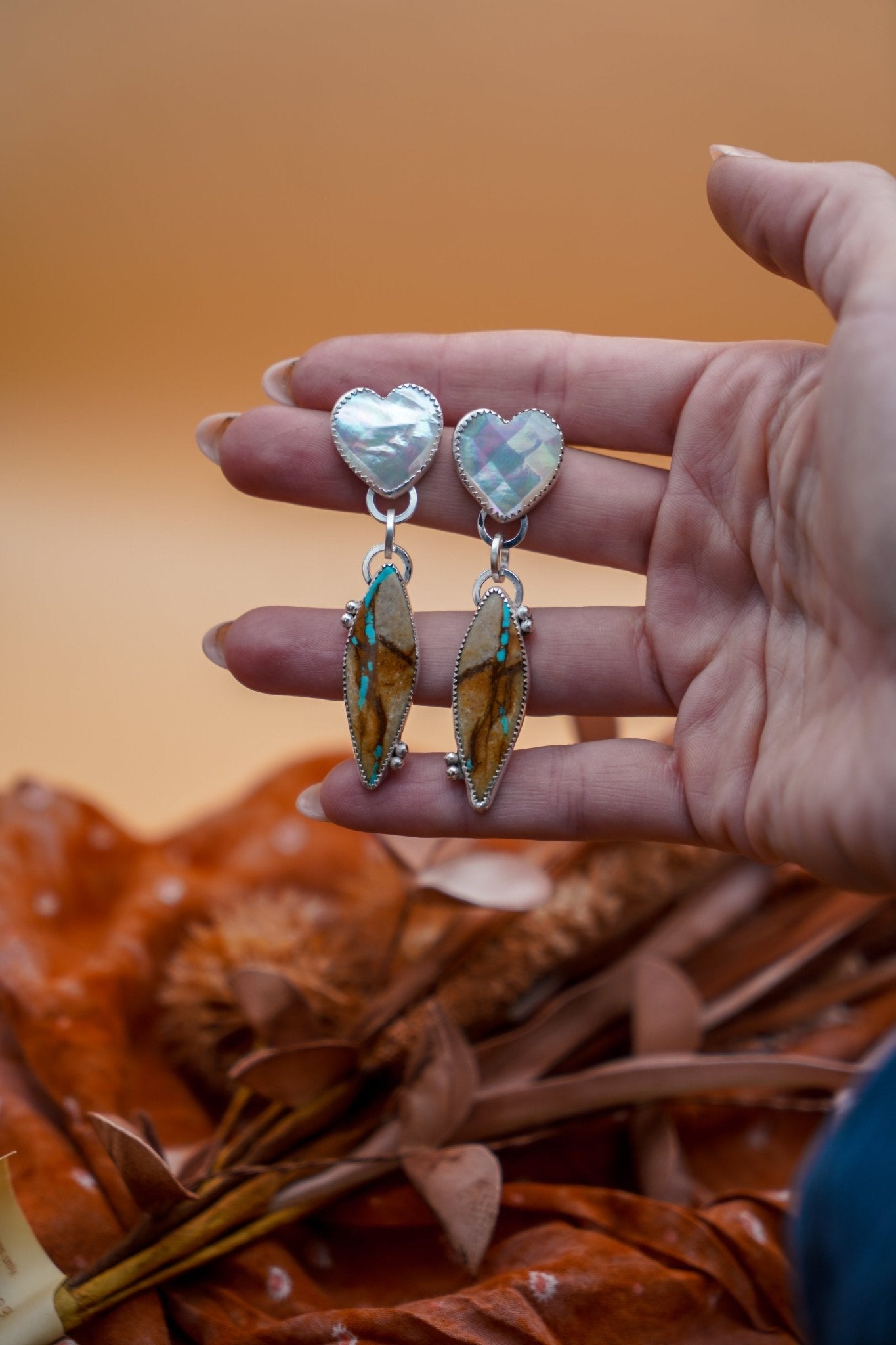 Mother of Pearl Hearts with Royston Ribbon Turquoise - Golden Road Crafted