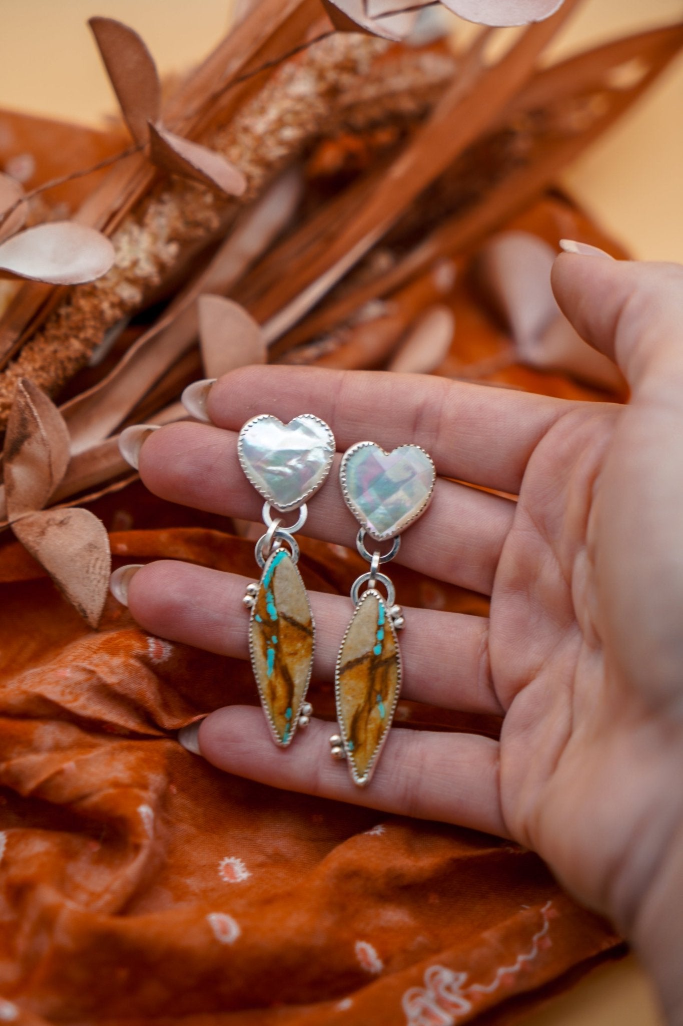 Mother of Pearl Hearts with Royston Ribbon Turquoise - Golden Road Crafted