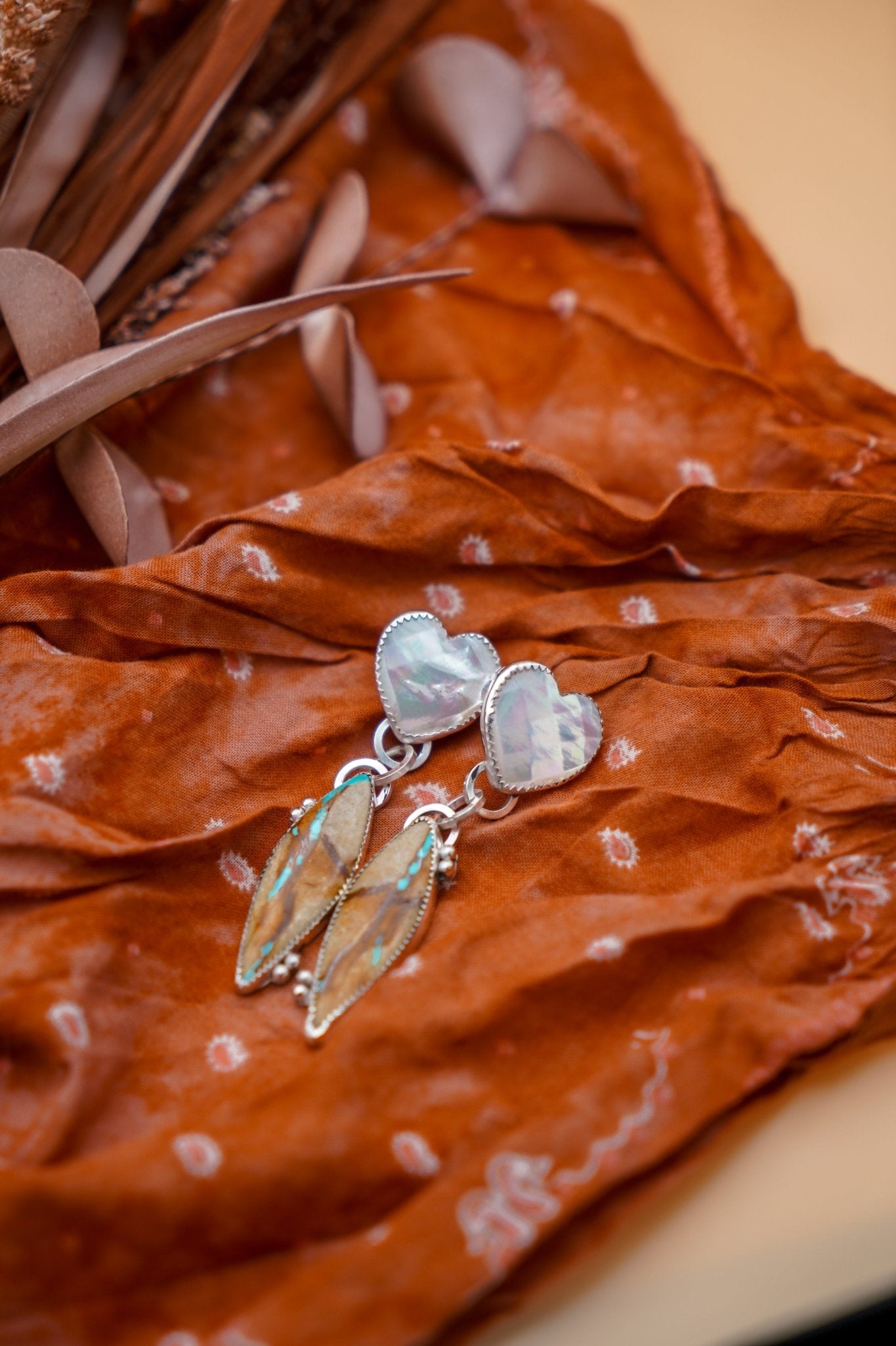 Mother of Pearl Hearts with Royston Ribbon Turquoise - Golden Road Crafted