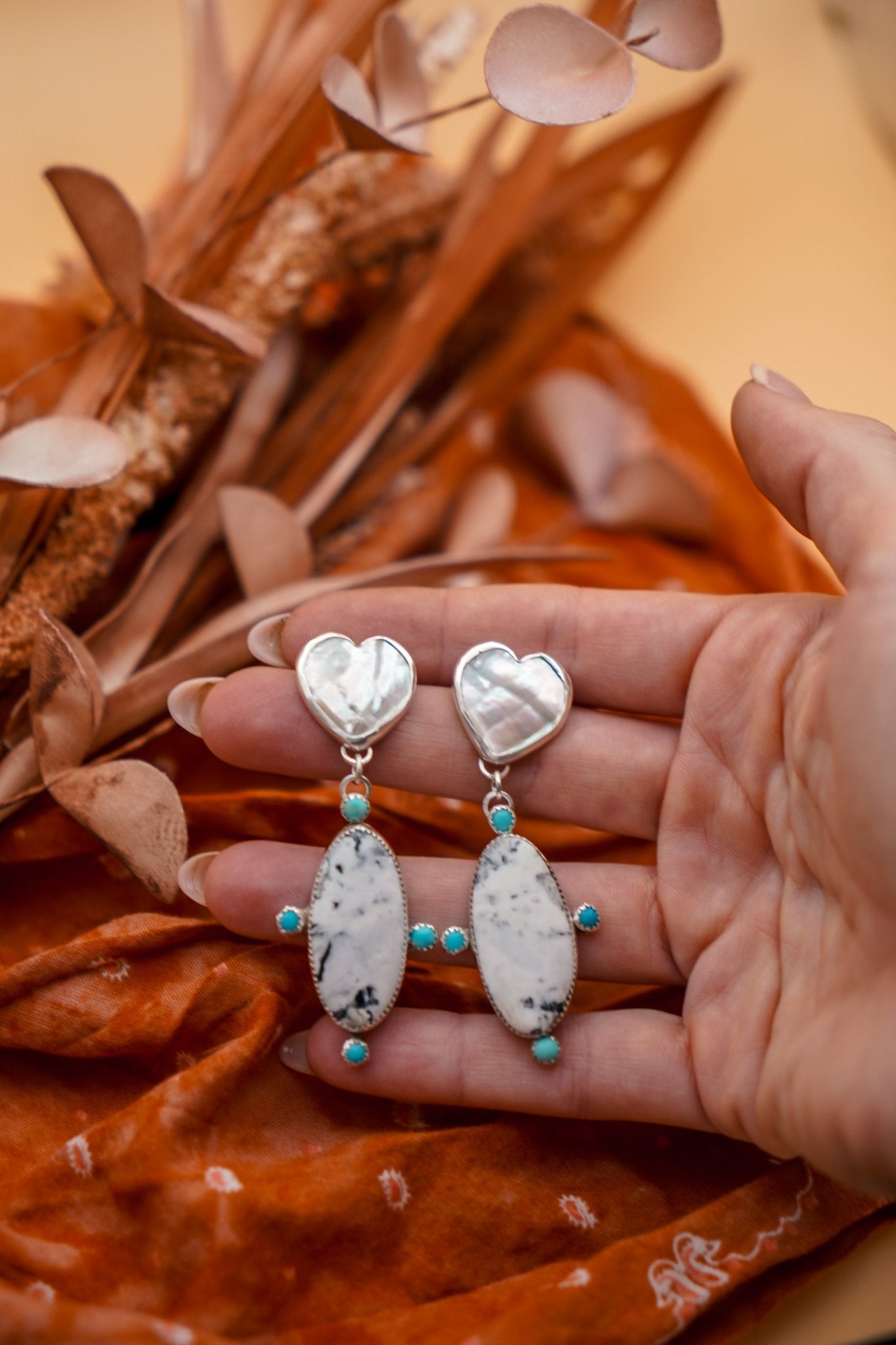 Mother of Pearl Hearts with White Buffalo & Lone Mountain Turquoise - Golden Road Crafted