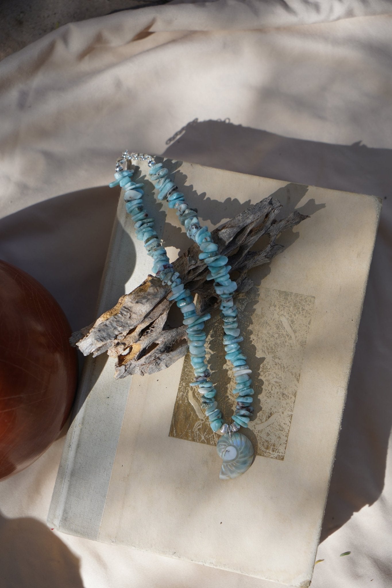 Nautilus Shell Necklace with Larimar Beads - Golden Road Crafted