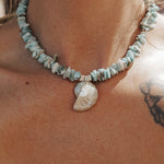 Nautilus Shell Necklace with Larimar Beads - Golden Road Crafted