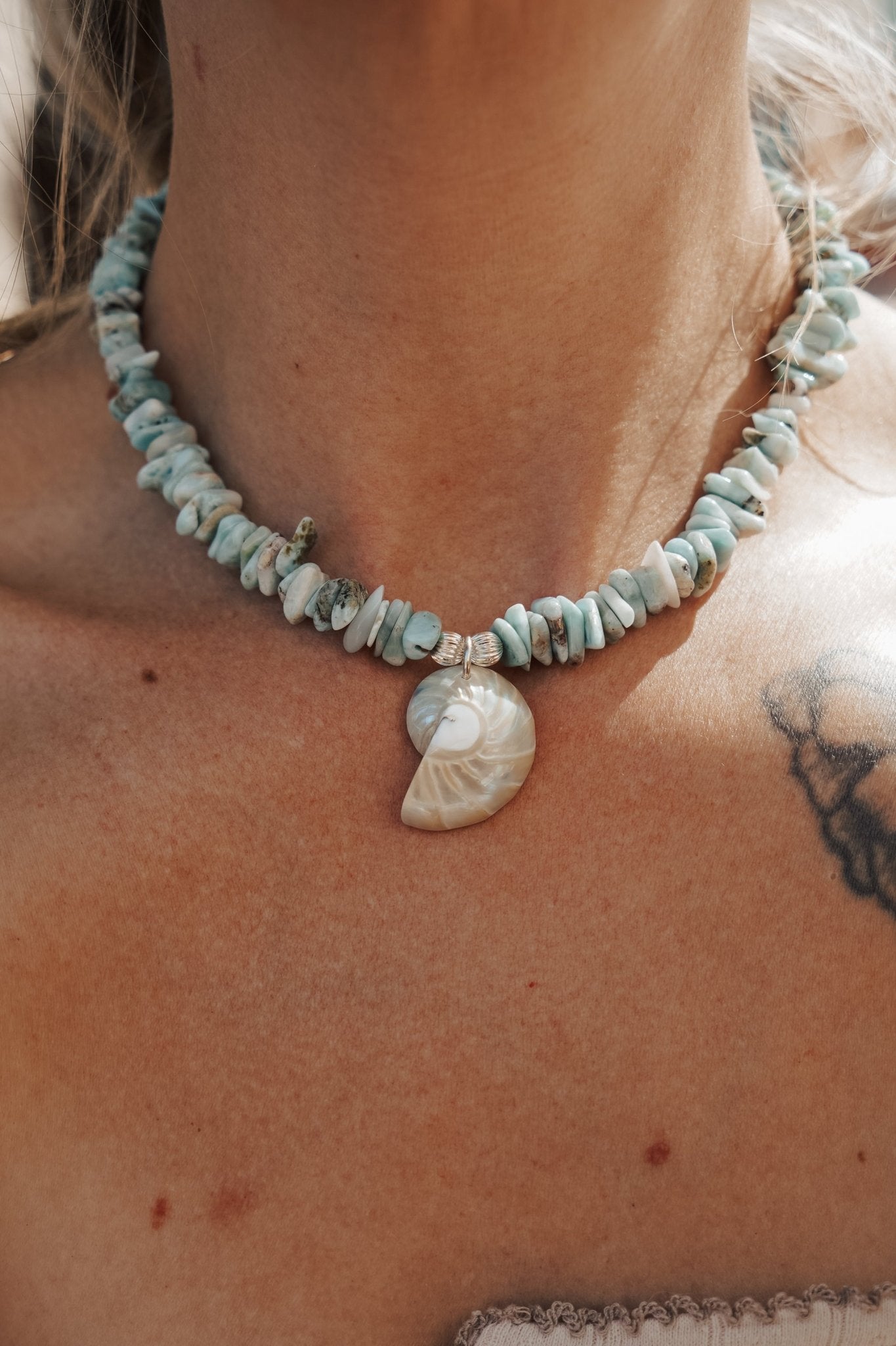 Nautilus Shell Necklace with Larimar Beads - Golden Road Crafted