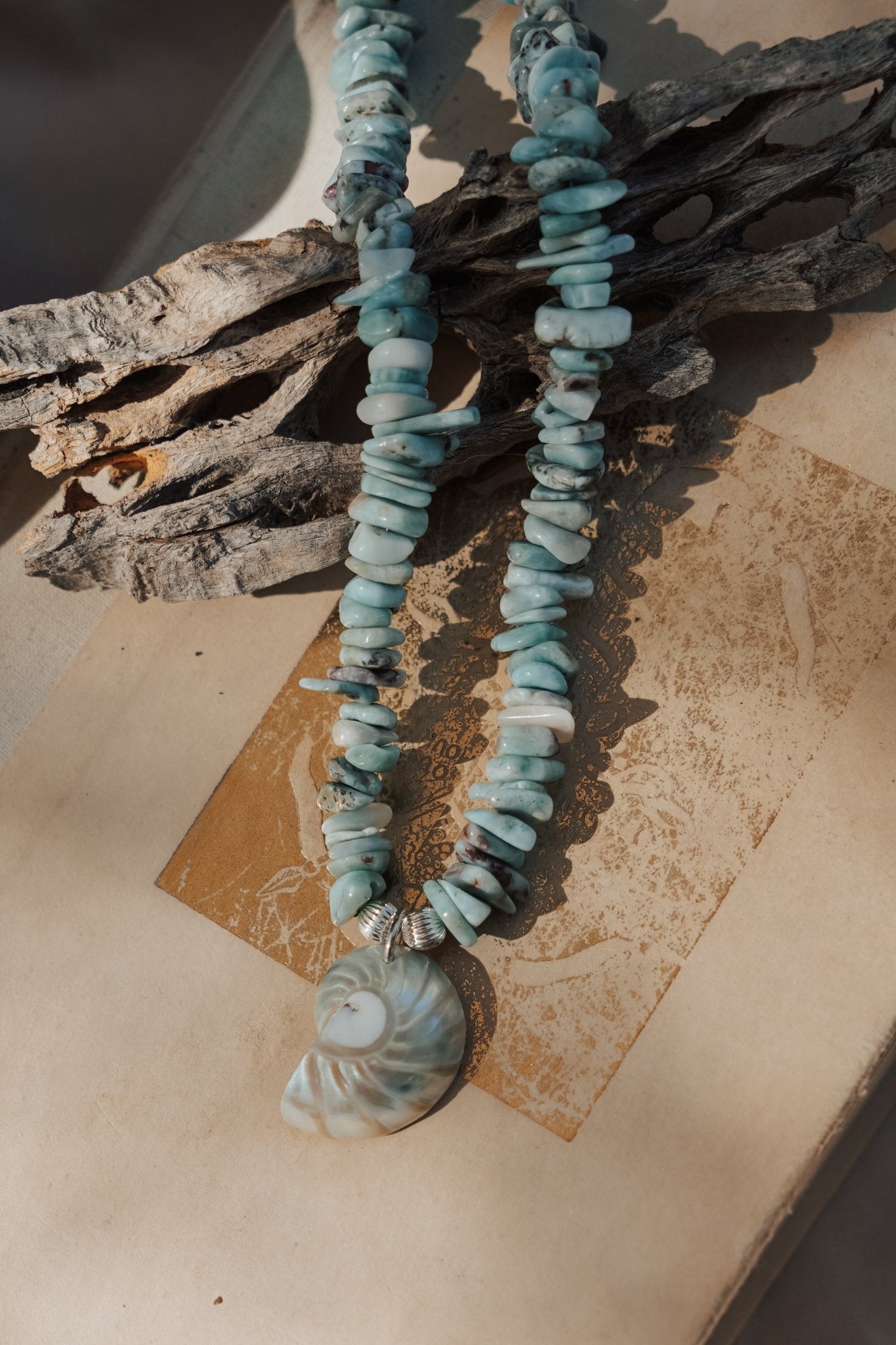 Nautilus Shell Necklace with Larimar Beads - Golden Road Crafted
