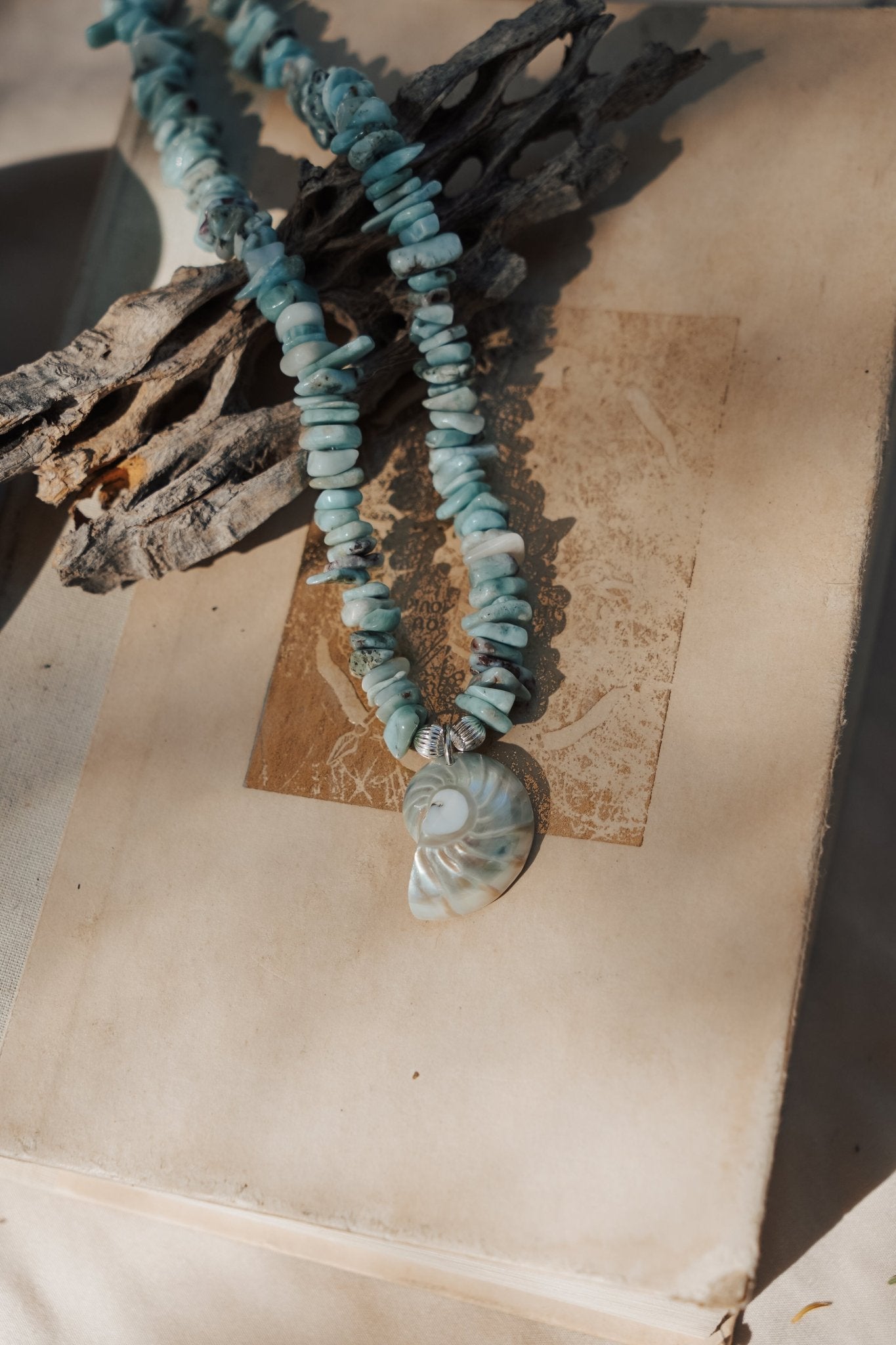Nautilus Shell Necklace with Larimar Beads - Golden Road Crafted