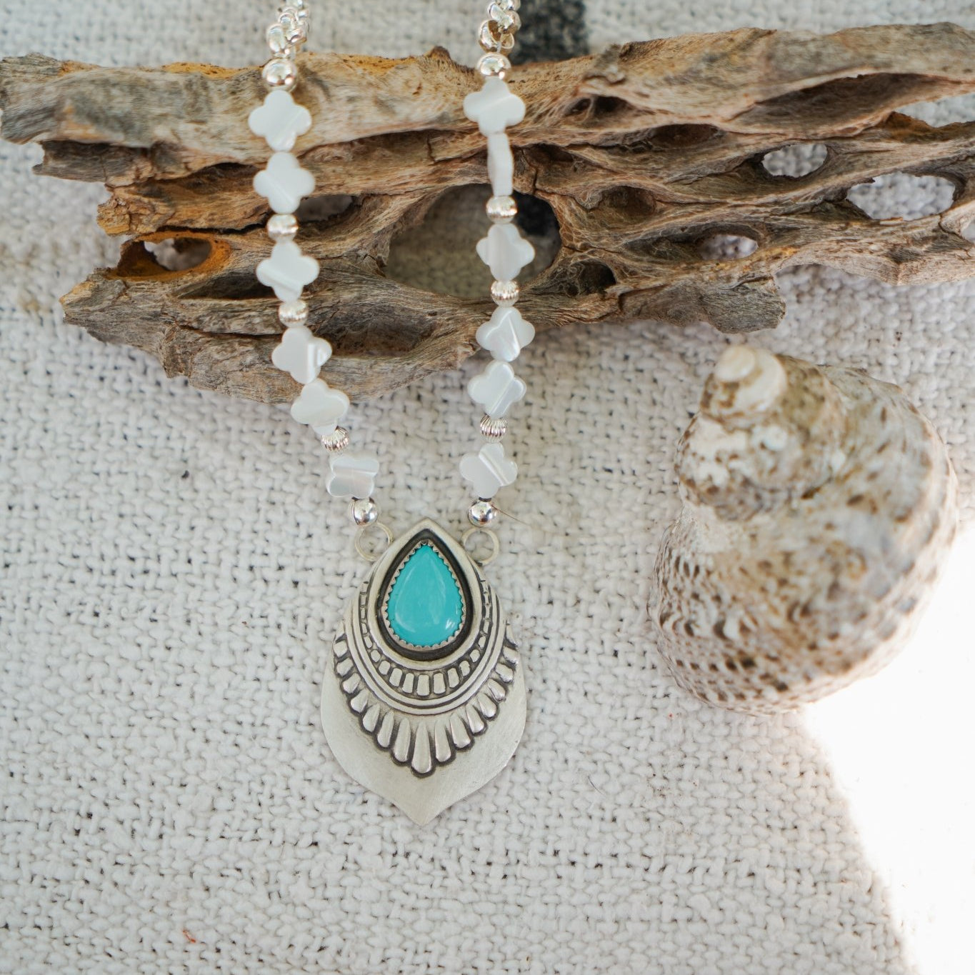 Necklace in Campitos Turquoise + Mother of Pearl Beads - Golden Road Crafted