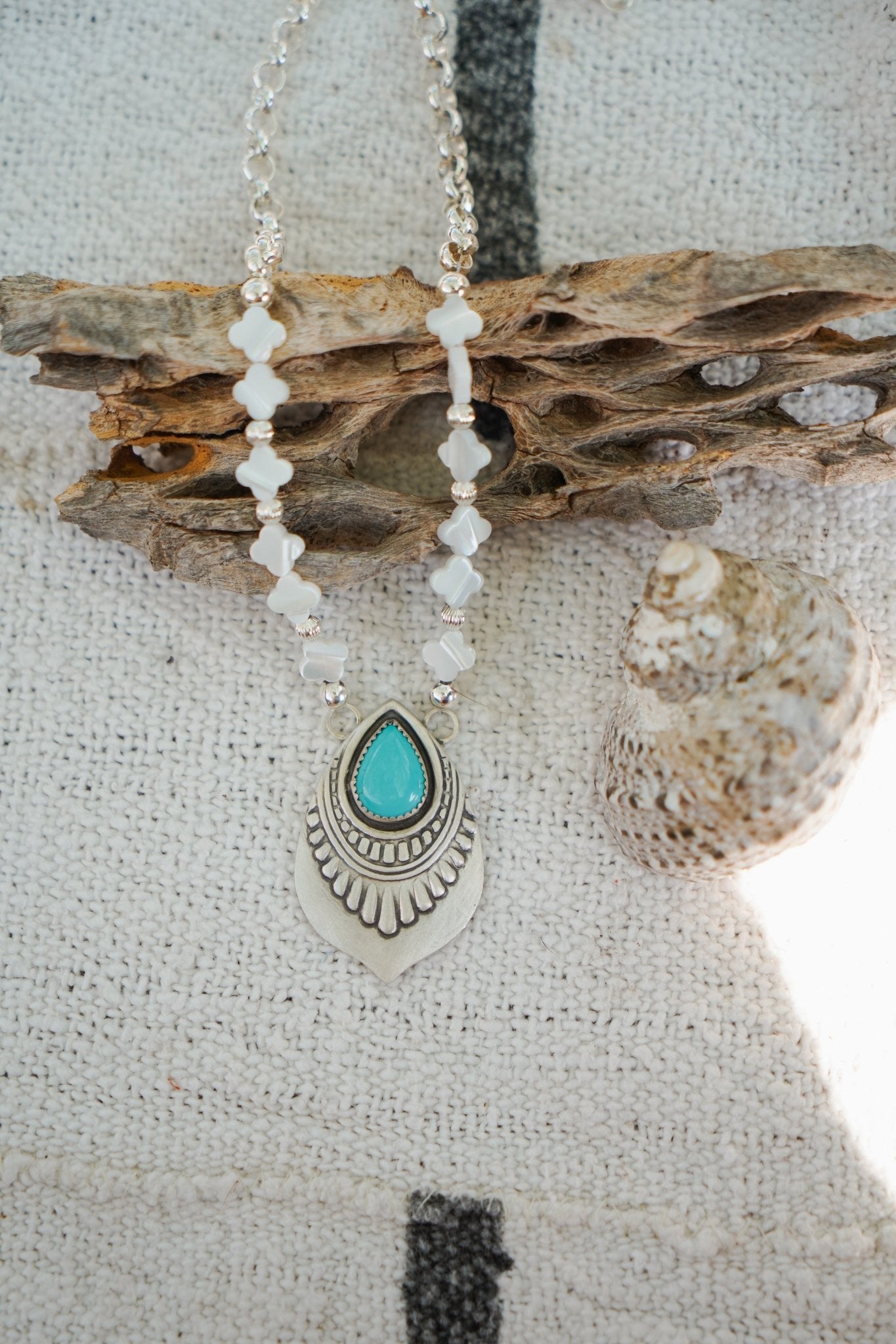 Necklace in Campitos Turquoise + Mother of Pearl Beads - Golden Road Crafted