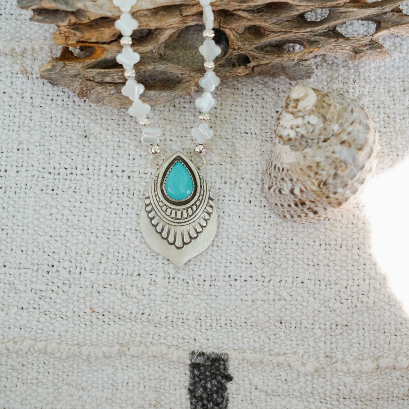 Necklace in Campitos Turquoise + Mother of Pearl Beads - Golden Road Crafted
