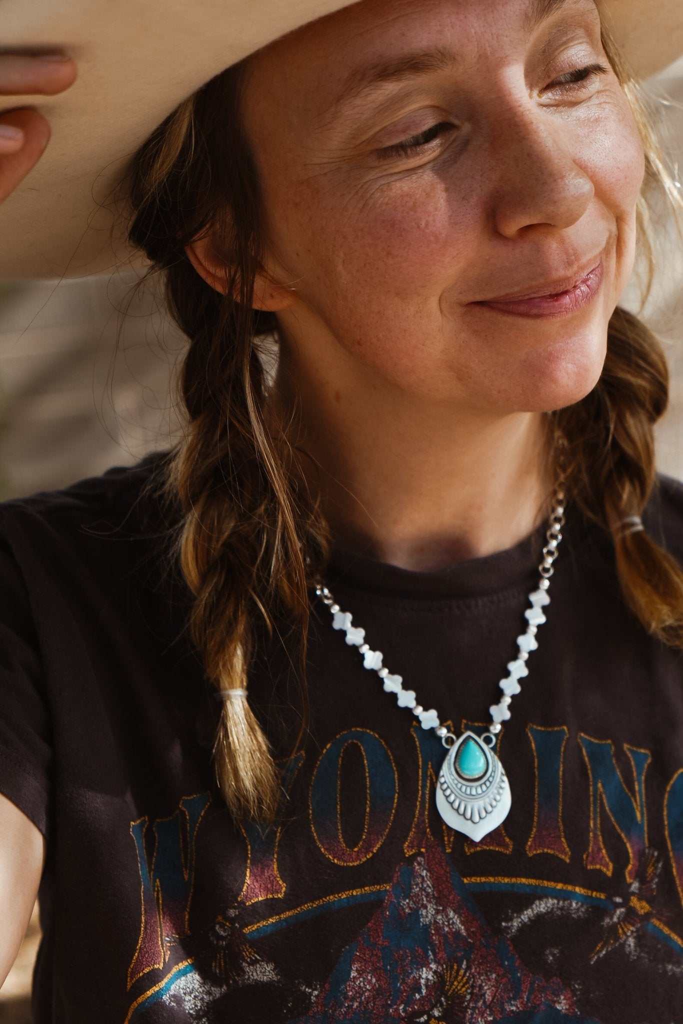 Necklace in Campitos Turquoise + Mother of Pearl Beads - Golden Road Crafted