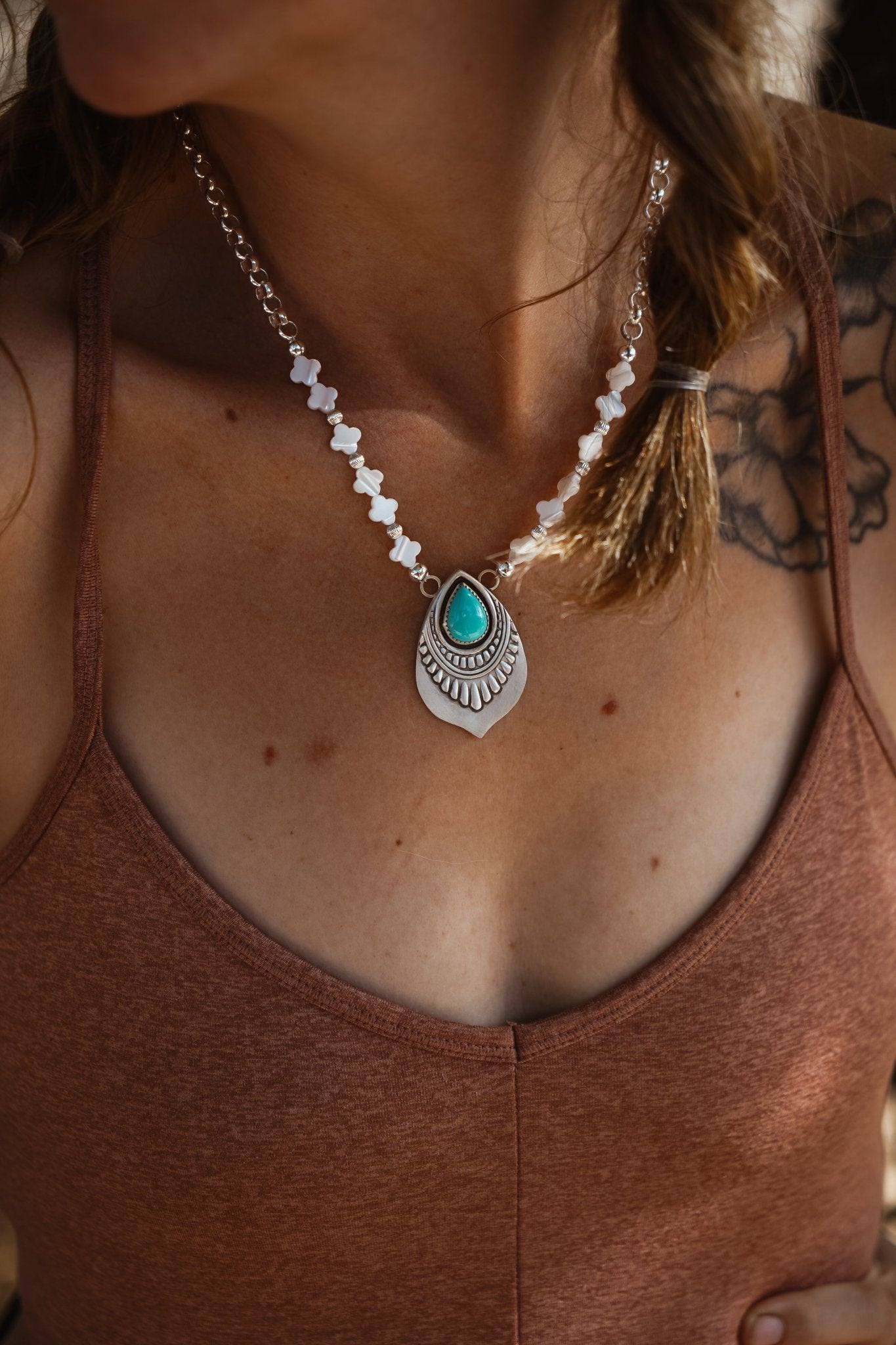 Necklace in Campitos Turquoise + Mother of Pearl Beads - Golden Road Crafted