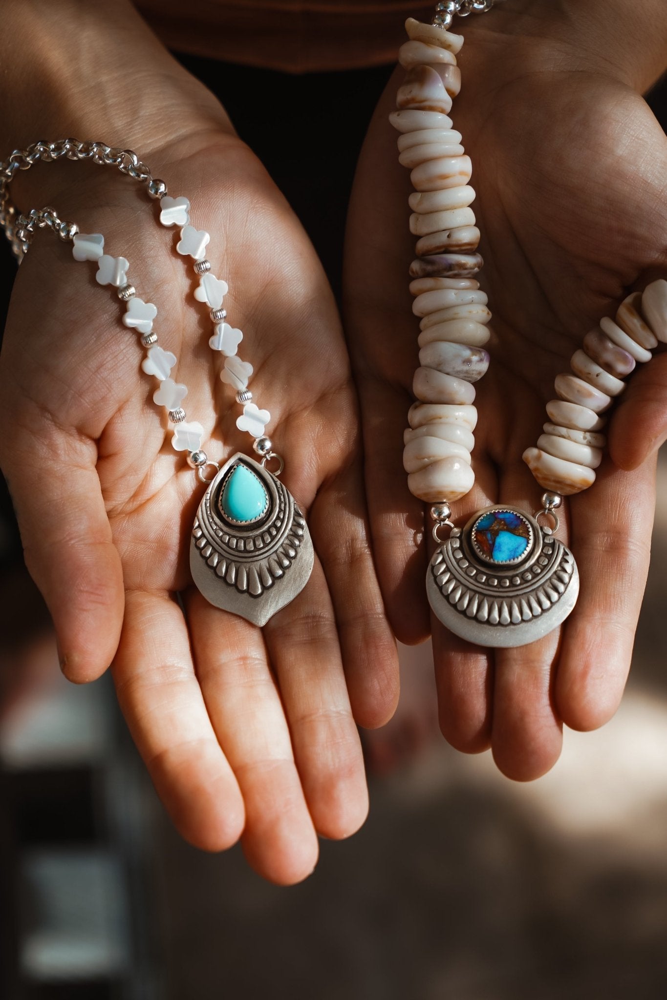 Necklace in Campitos Turquoise + Mother of Pearl Beads - Golden Road Crafted