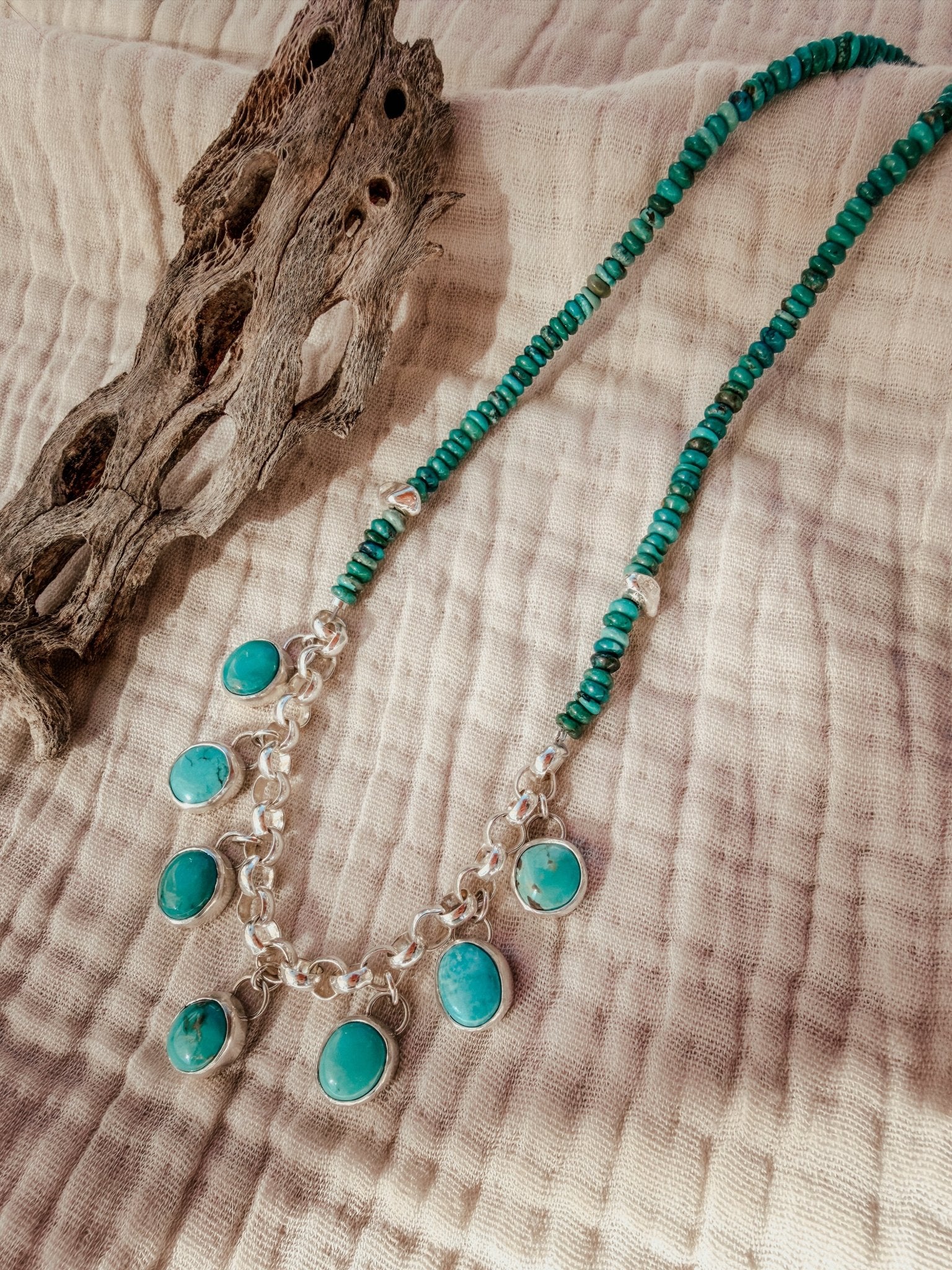 Necklace in Carico Lake Turquoise with Turquoise and Sterling Silver Beads - Golden Road Crafted