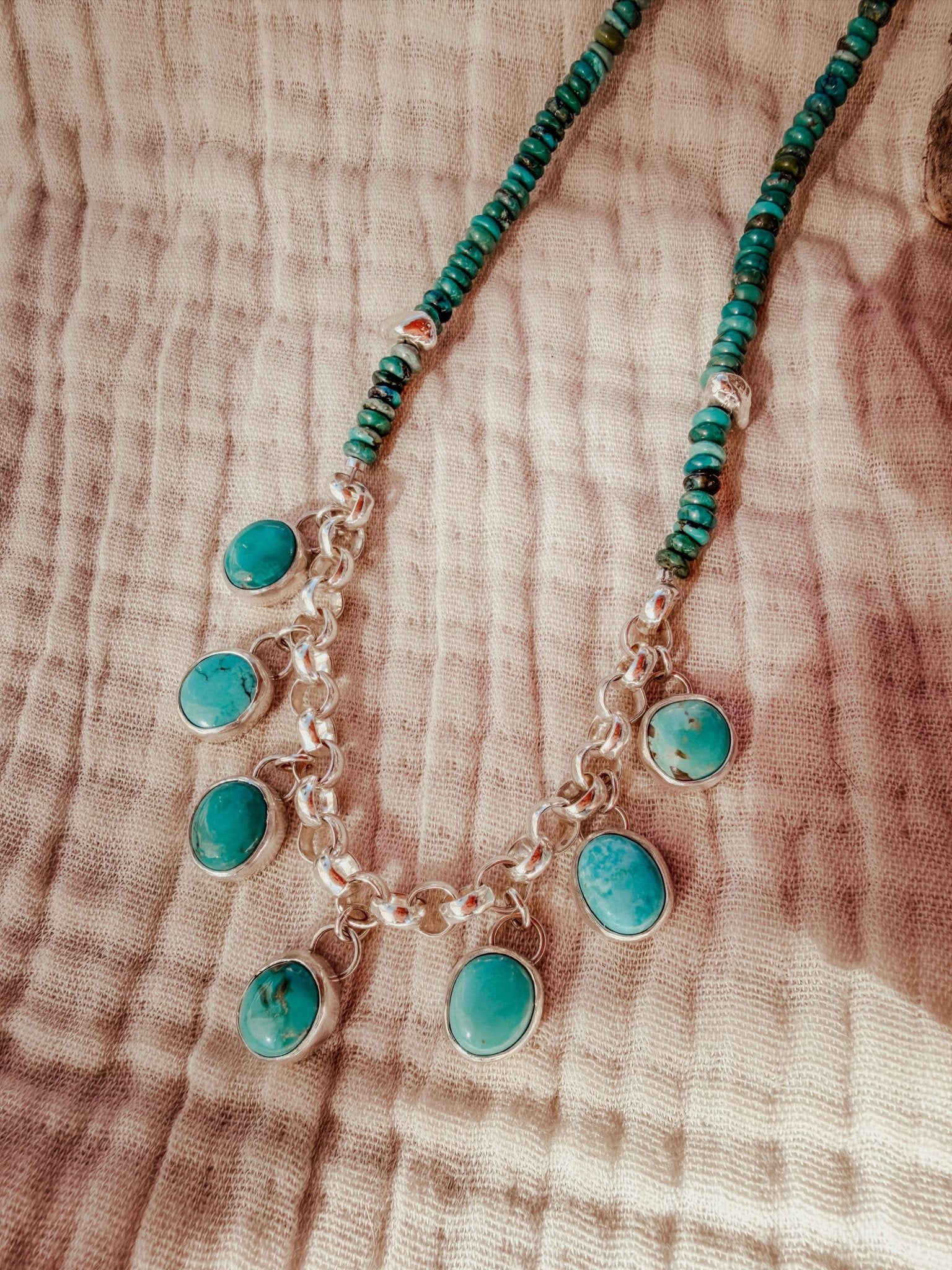 Necklace in Carico Lake Turquoise with Turquoise and Sterling Silver Beads - Golden Road Crafted