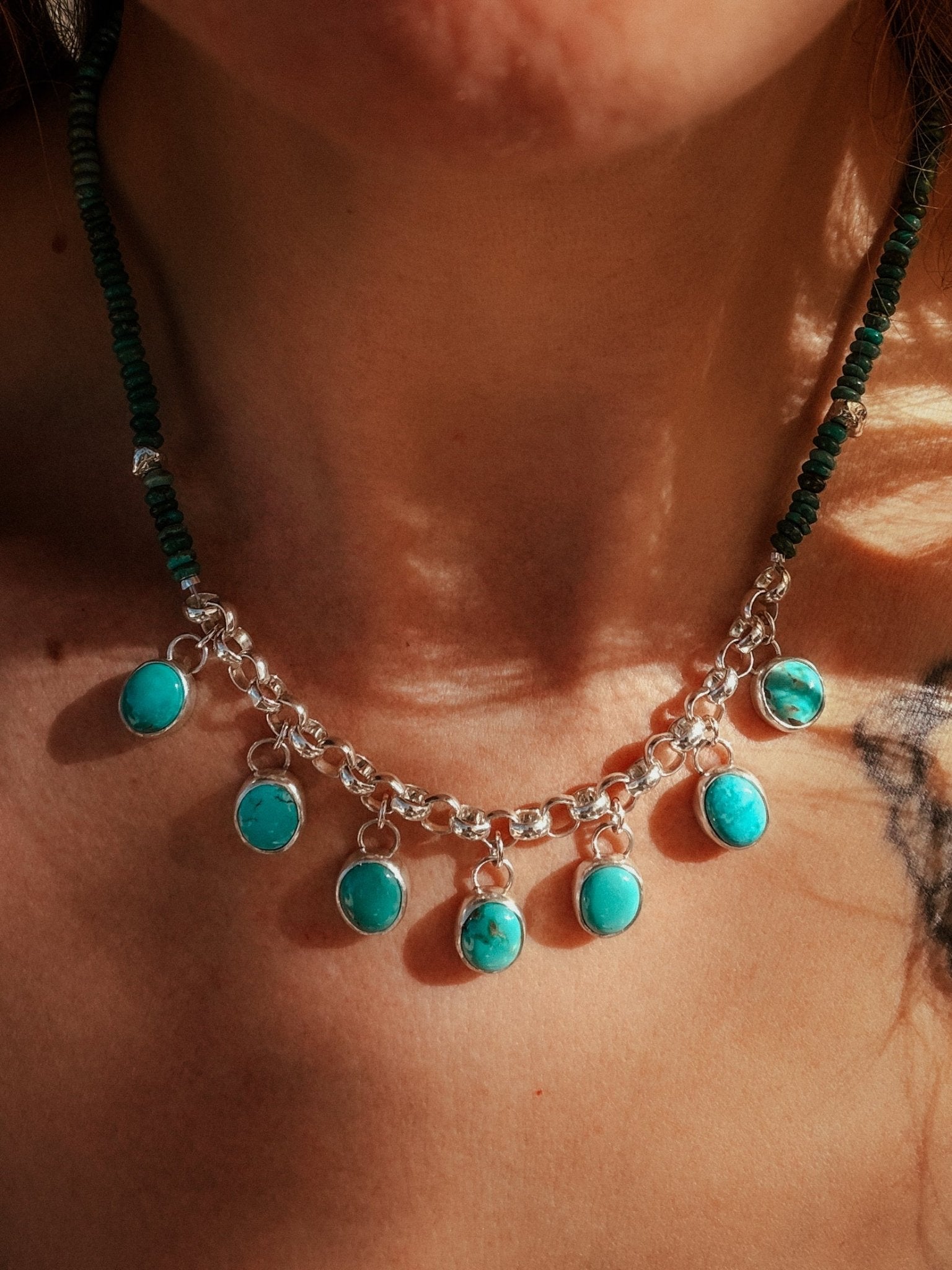 Necklace in Carico Lake Turquoise with Turquoise and Sterling Silver Beads - Golden Road Crafted