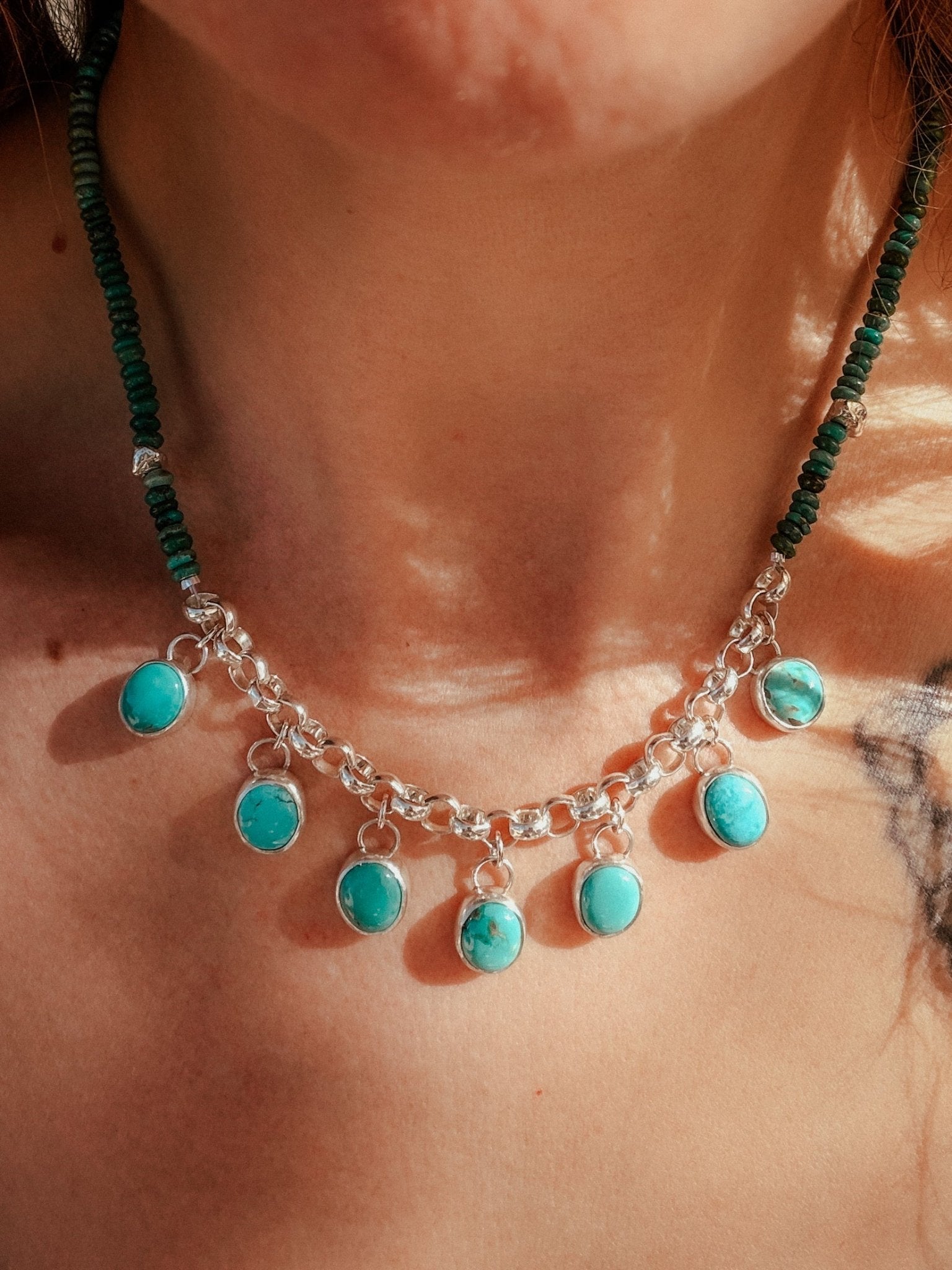 Necklace in Carico Lake Turquoise with Turquoise and Sterling Silver Beads - Golden Road Crafted