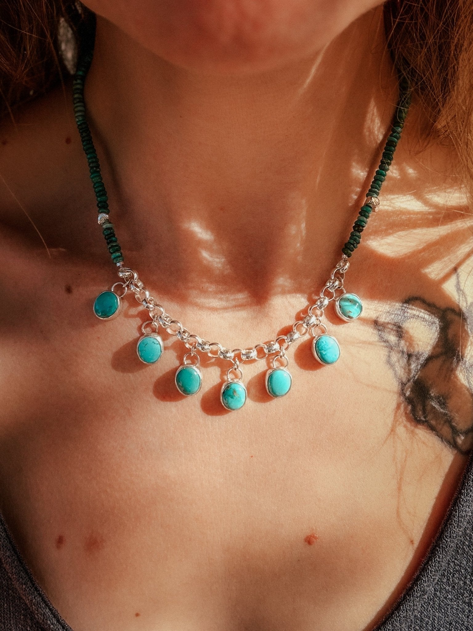 Necklace in Carico Lake Turquoise with Turquoise and Sterling Silver Beads - Golden Road Crafted