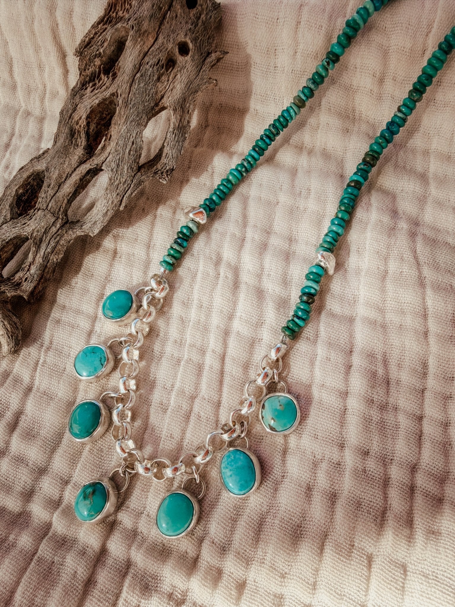 Necklace in Carico Lake Turquoise with Turquoise and Sterling Silver Beads - Golden Road Crafted