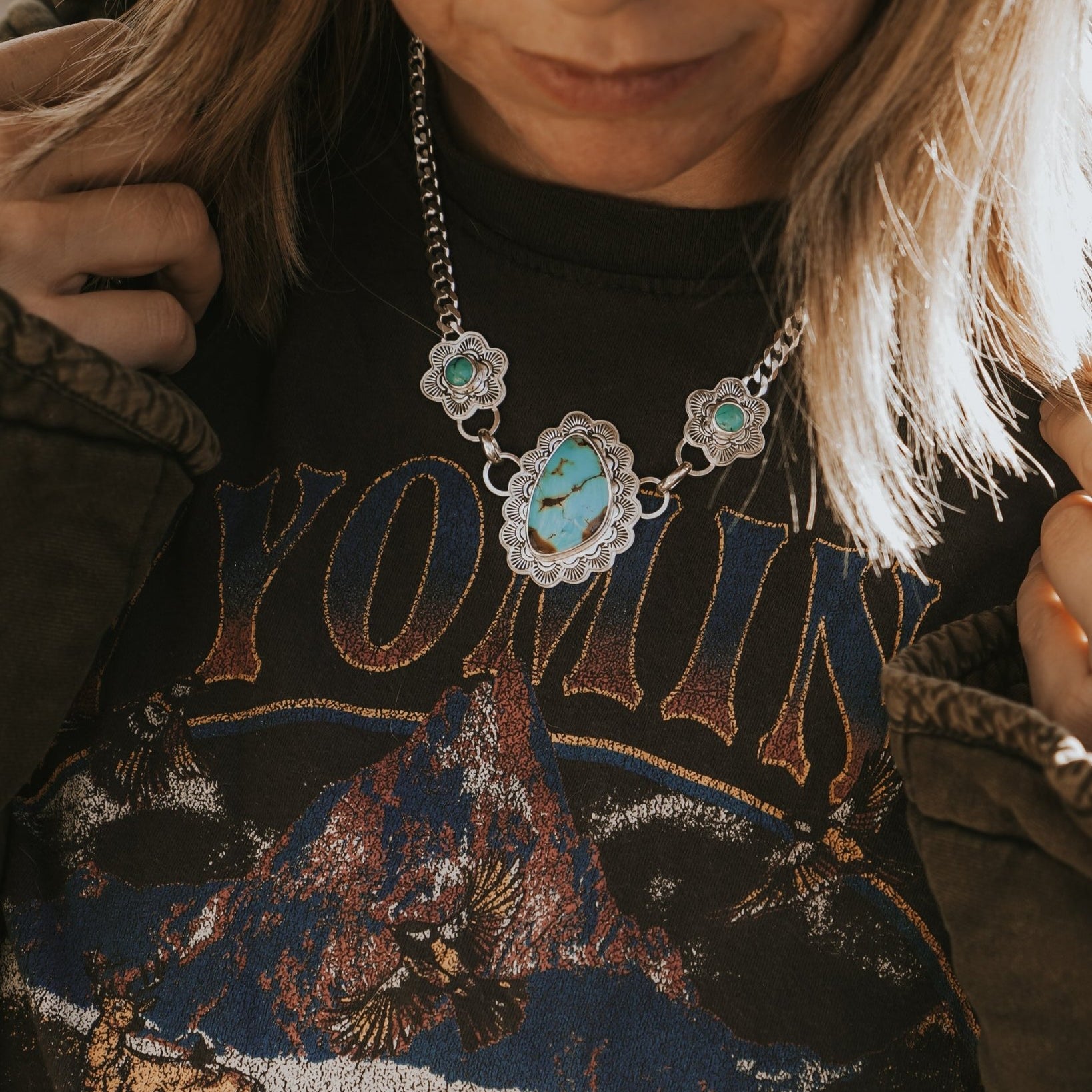 Necklace in Kingman & Hubei Turquoise - Golden Road Crafted