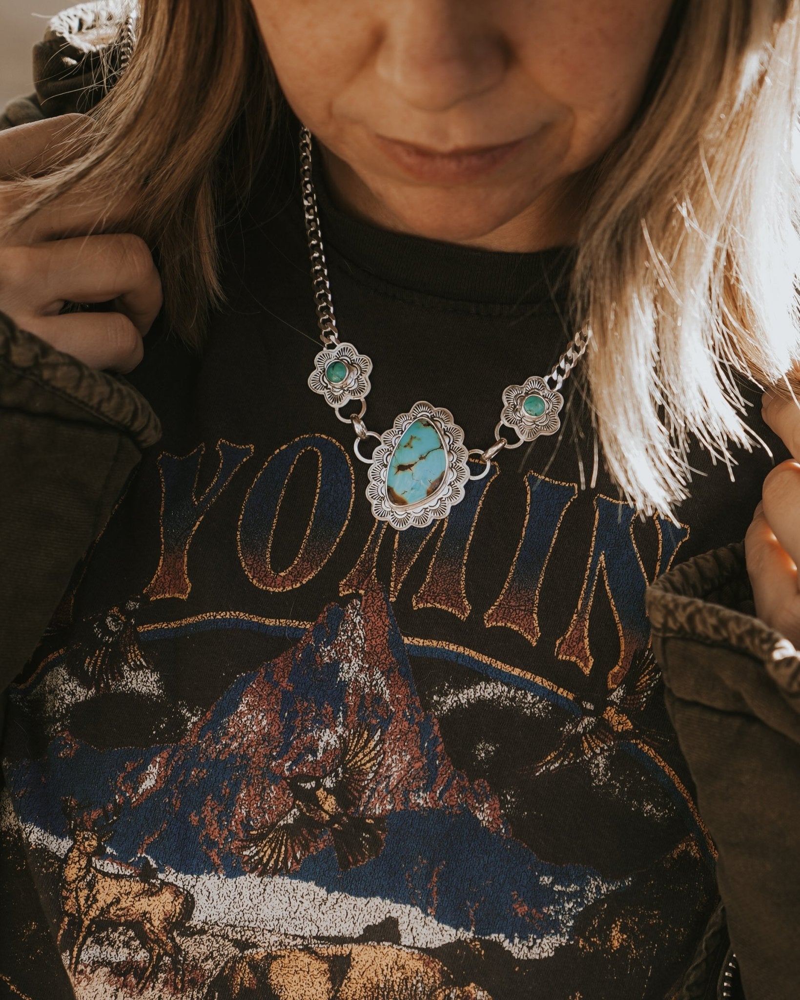 Necklace in Kingman & Hubei Turquoise - Golden Road Crafted