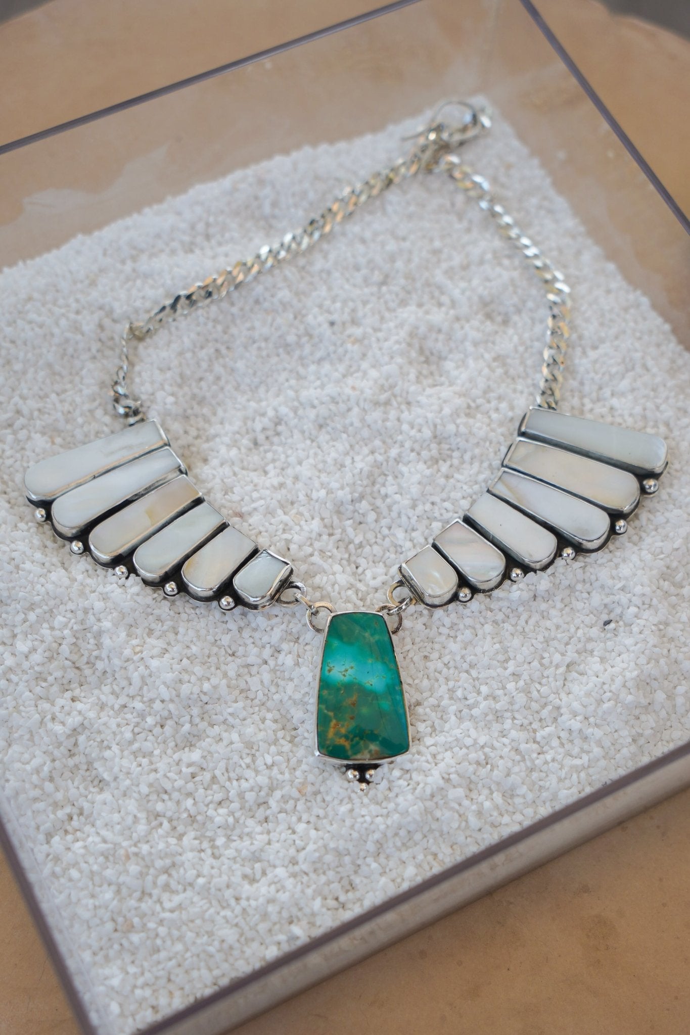 Necklace in Kingman Turquoise and Mother of Pearl - Golden Road Crafted