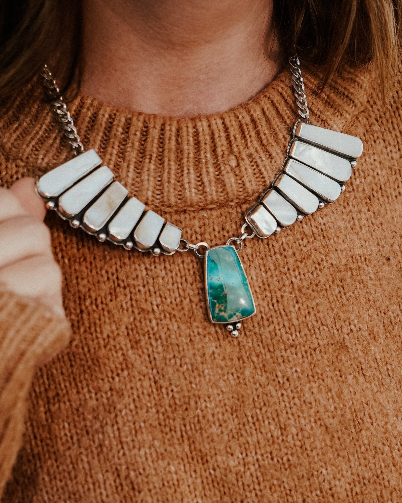 Necklace in Kingman Turquoise and Mother of Pearl - Golden Road Crafted