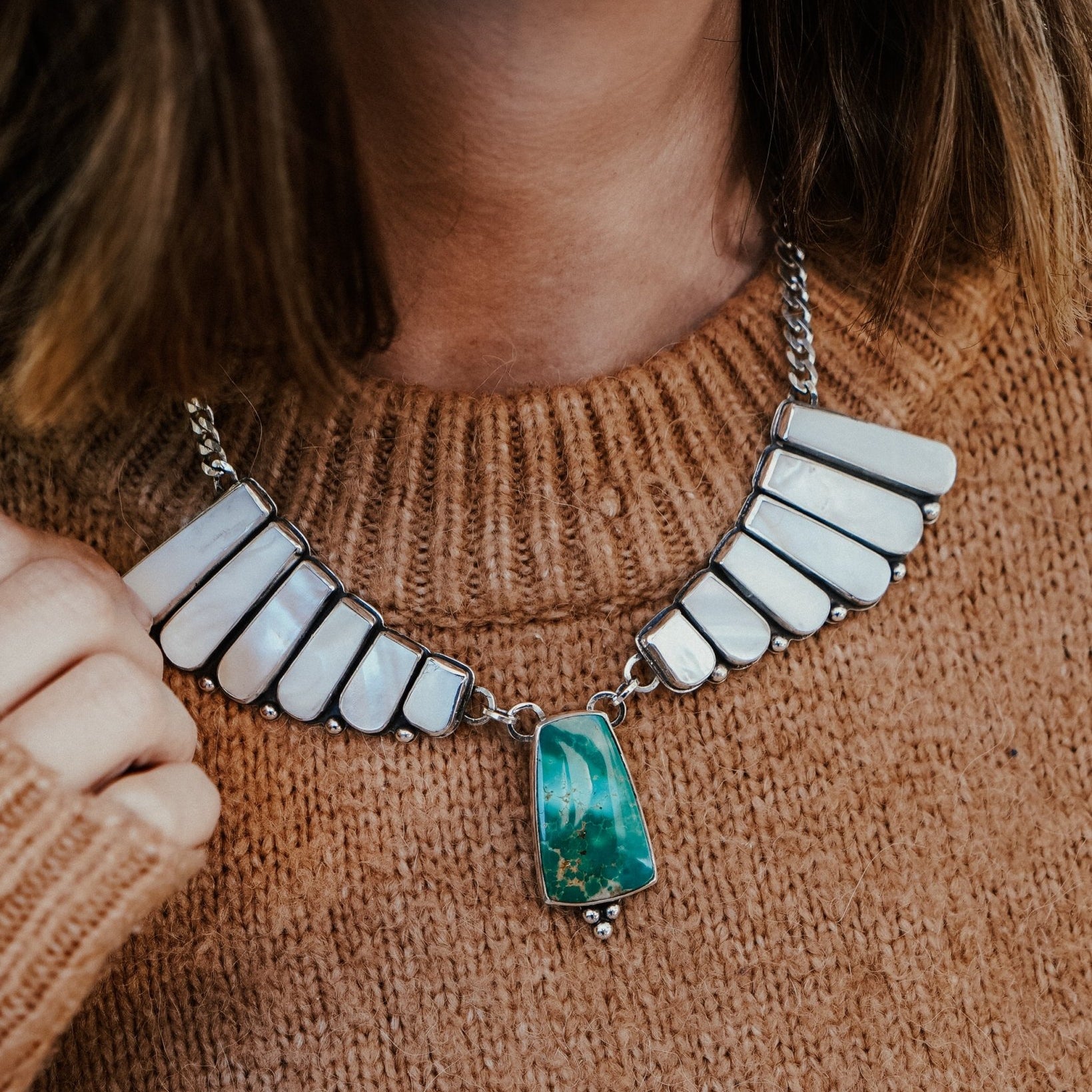 Necklace in Kingman Turquoise and Mother of Pearl - Golden Road Crafted