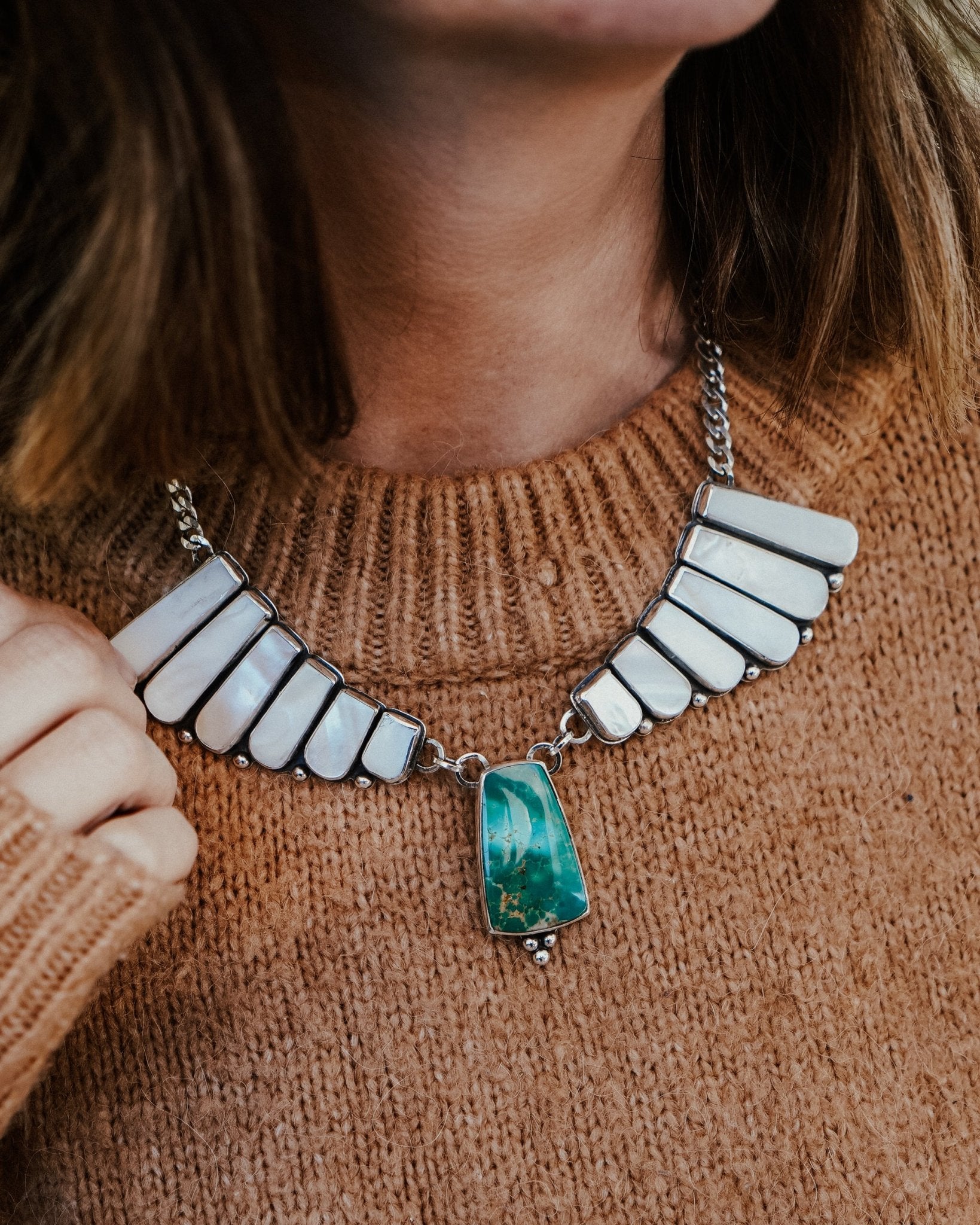 Necklace in Kingman Turquoise and Mother of Pearl - Golden Road Crafted