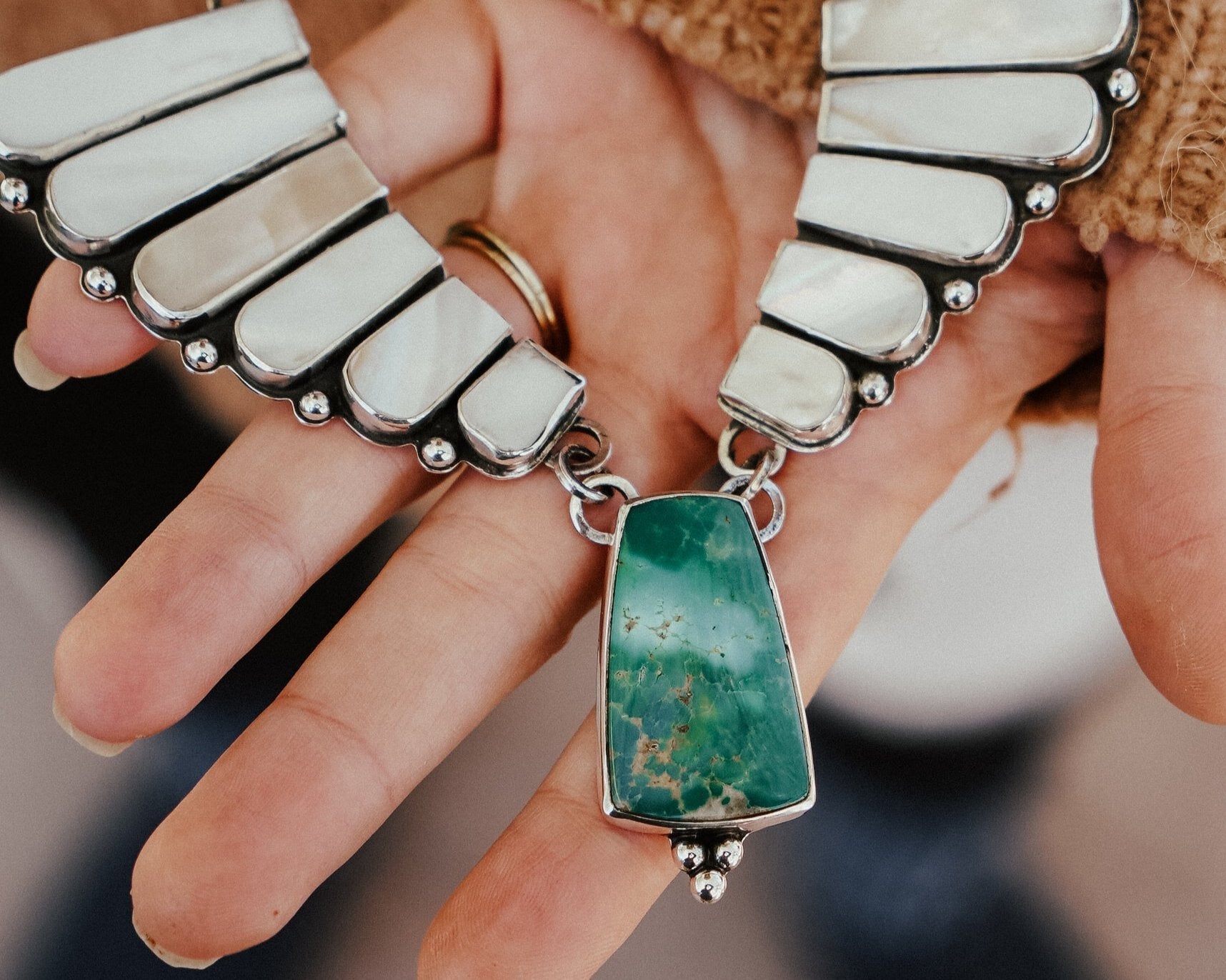 Necklace in Kingman Turquoise and Mother of Pearl - Golden Road Crafted