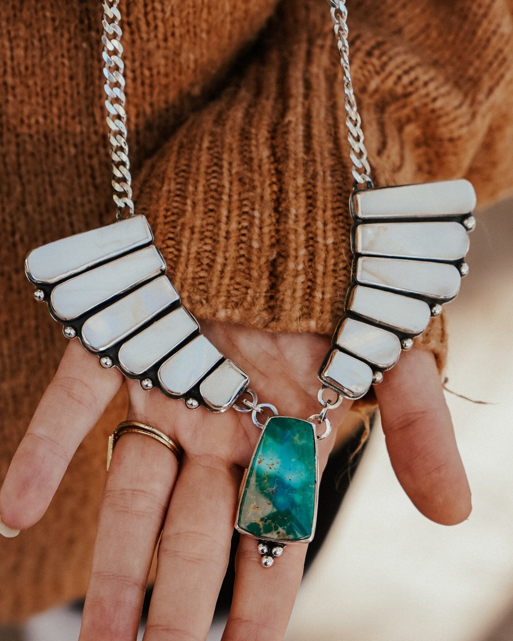 Necklace in Kingman Turquoise and Mother of Pearl - Golden Road Crafted