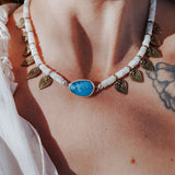 Necklace in Royston Turquoise w/ AAA Mother of Pearl + Turquoise Beads + Bronze Accents - Golden Road Crafted